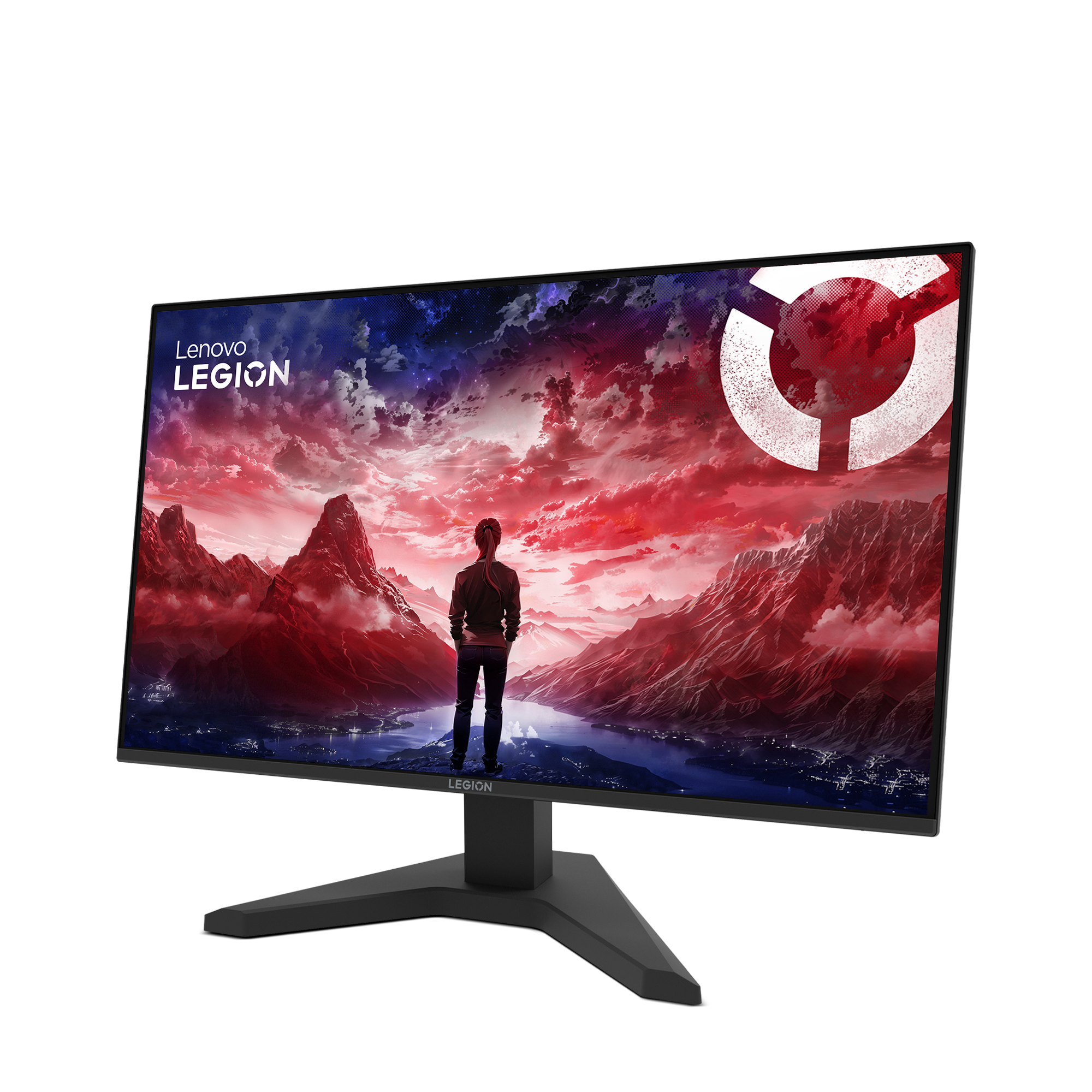 Le moniteur Lenovo Legion affiche une personne devant un paysage avec des montagnes et un ciel rouge. Le moniteur a un pied noir.