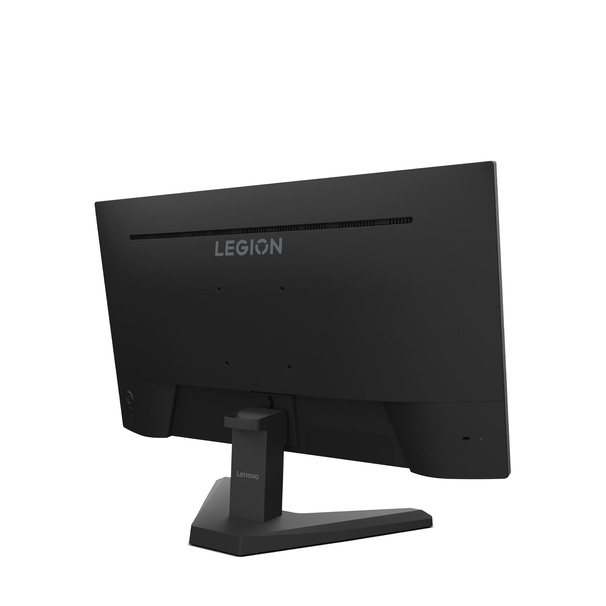Vue arrière d'un moniteur Lenovo Legion noir. Le support et le panneau arrière sont visibles, avec le logo Legion.