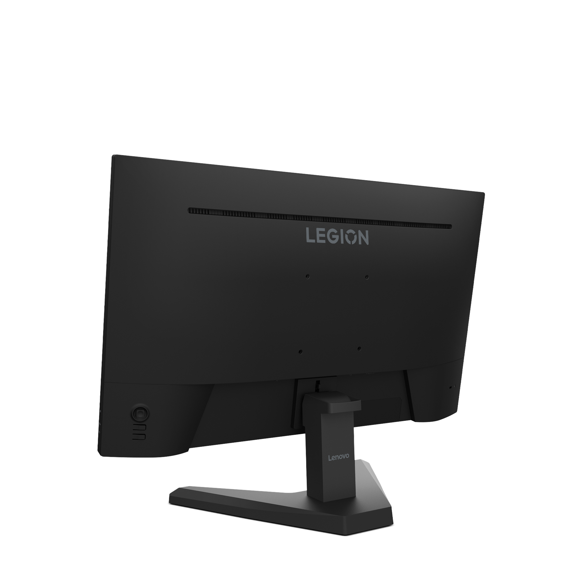 Un écran Lenovo Legion noir. L'arrière est visible, montrant le logo Legion et le support. Fond blanc.