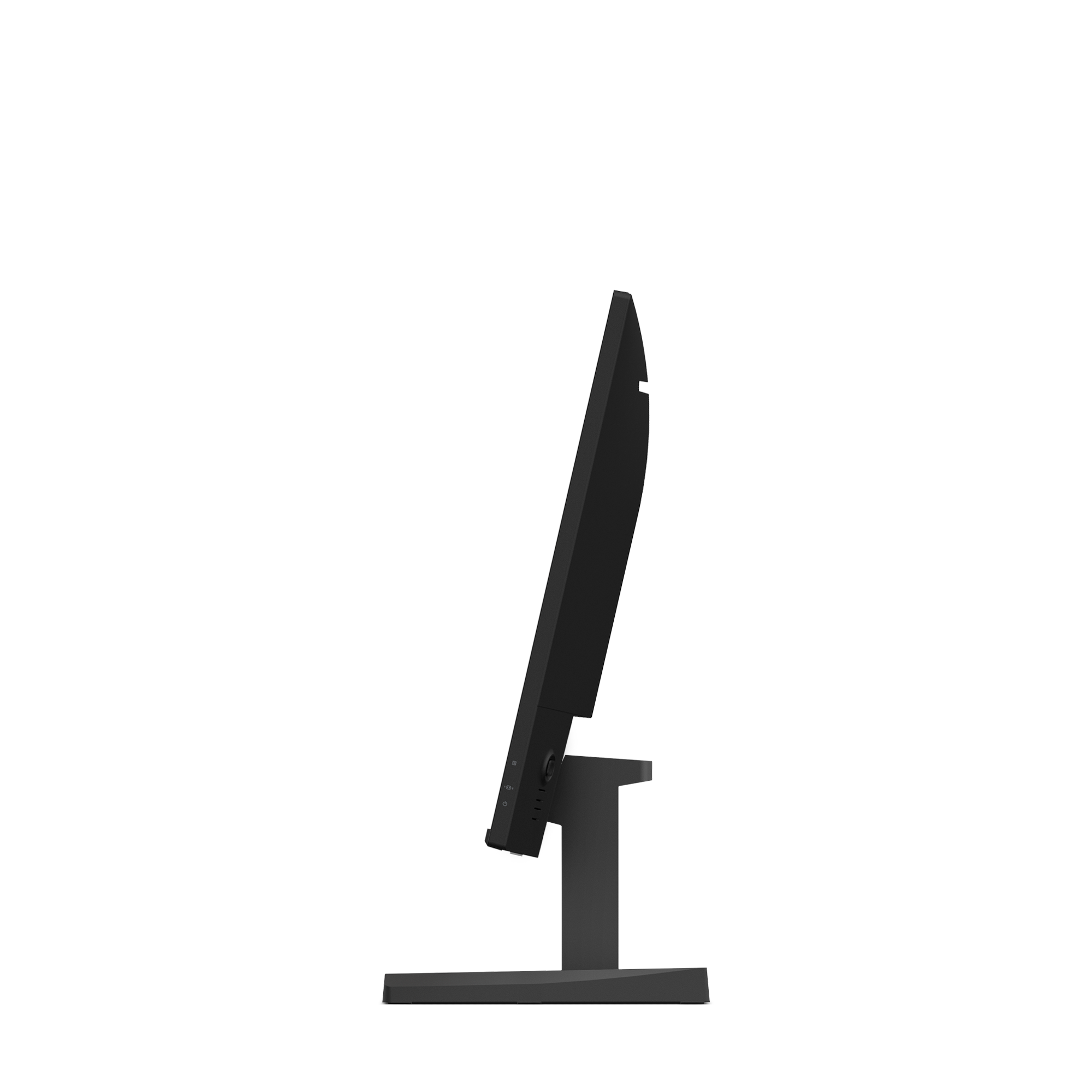 Vue latérale d'un écran d'ordinateur noir sur un support noir, sur fond blanc.
