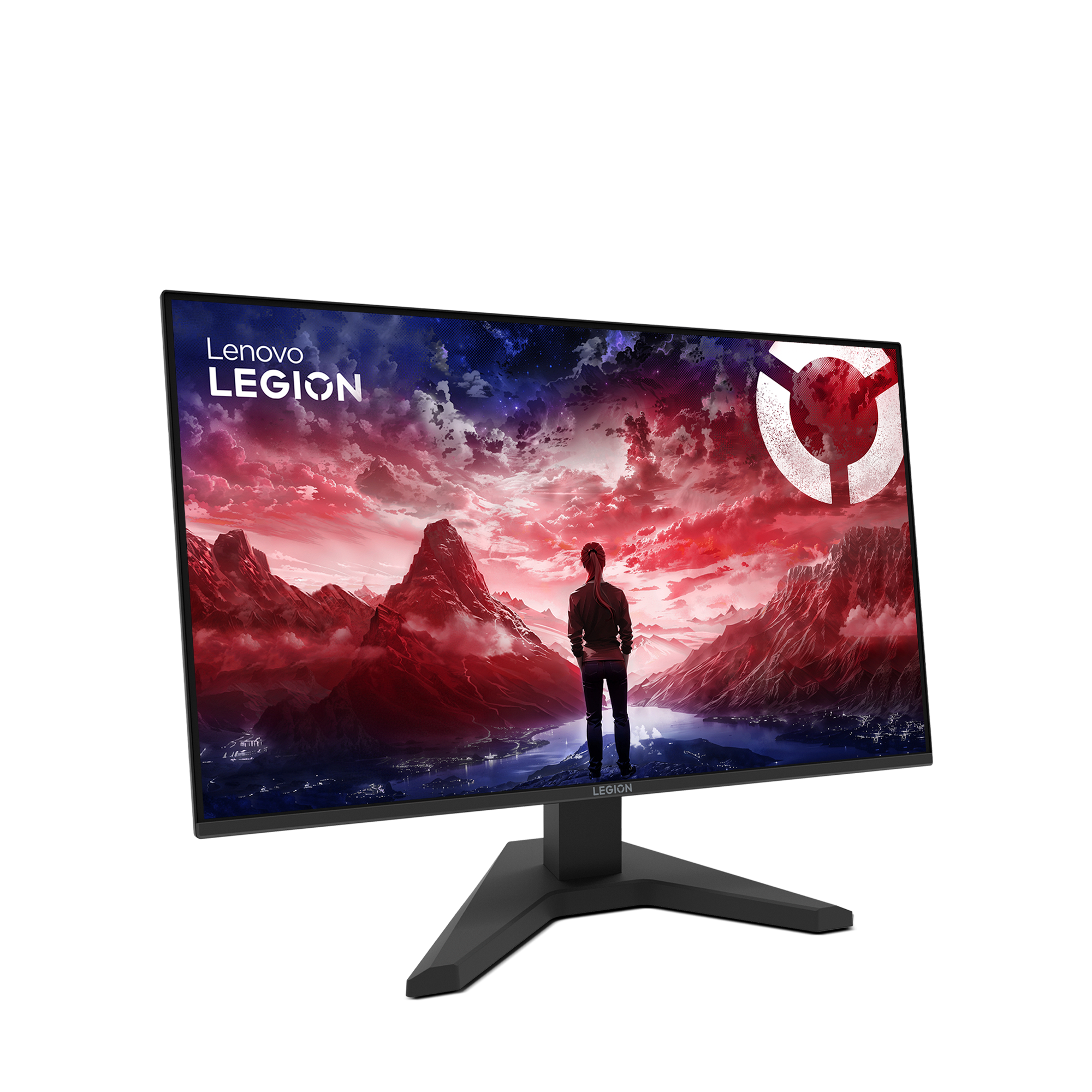 L'écran Lenovo Legion affiche une scène de montagne avec une personne qui regarde. L'écran a un cadre et un support noirs.
