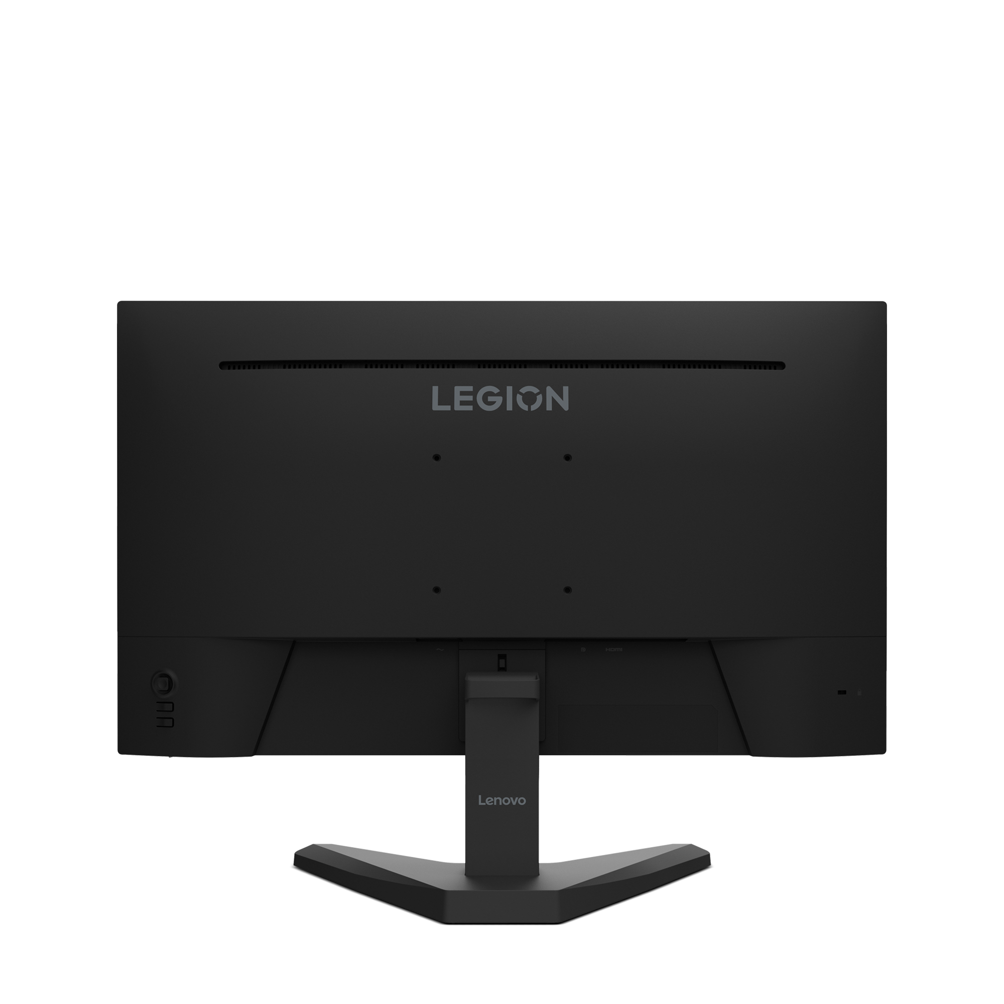 Dos de l'écran Lenovo Legion noir. Affiche le logo Legion, le nom du modèle et les ports.