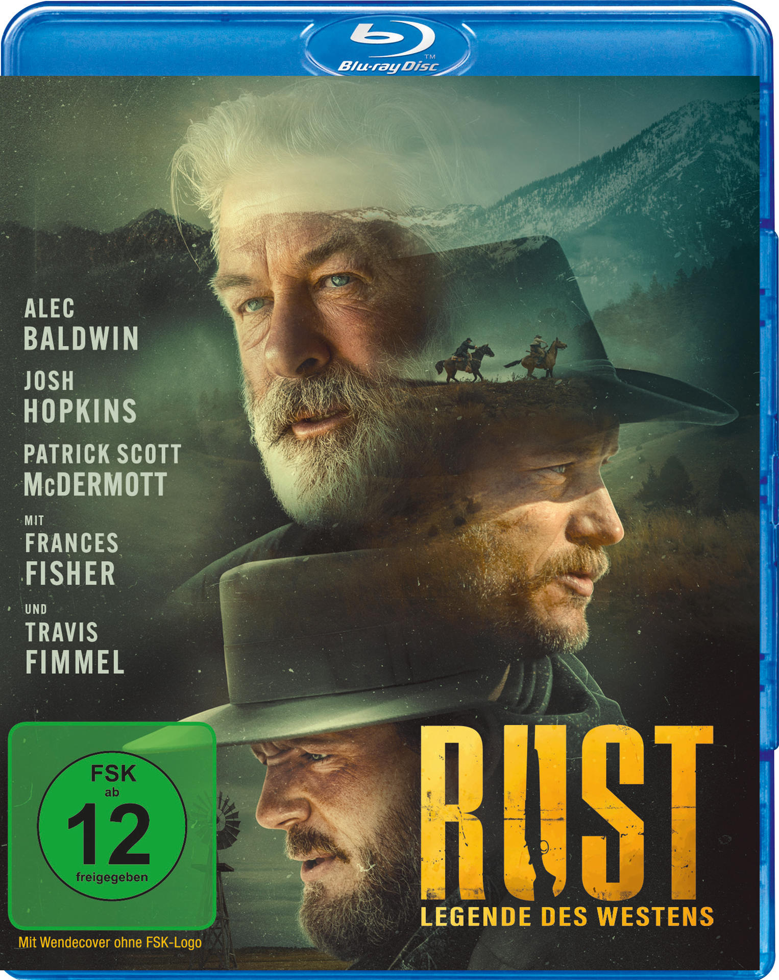 Blu-ray-Cover von 'Rust' mit Alec Baldwin. Zwei Männer auf Pferden im Hintergrund. Grüne FSK 12-Bewertung.
