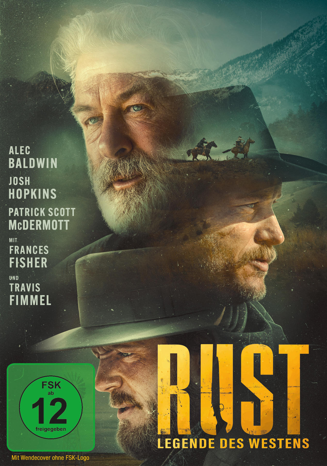 Filmposter für "Rust" mit Alec Baldwin. Enthält Gesichter, Cowboys auf Pferden und Text. Grünes Rating-Logo links unten.