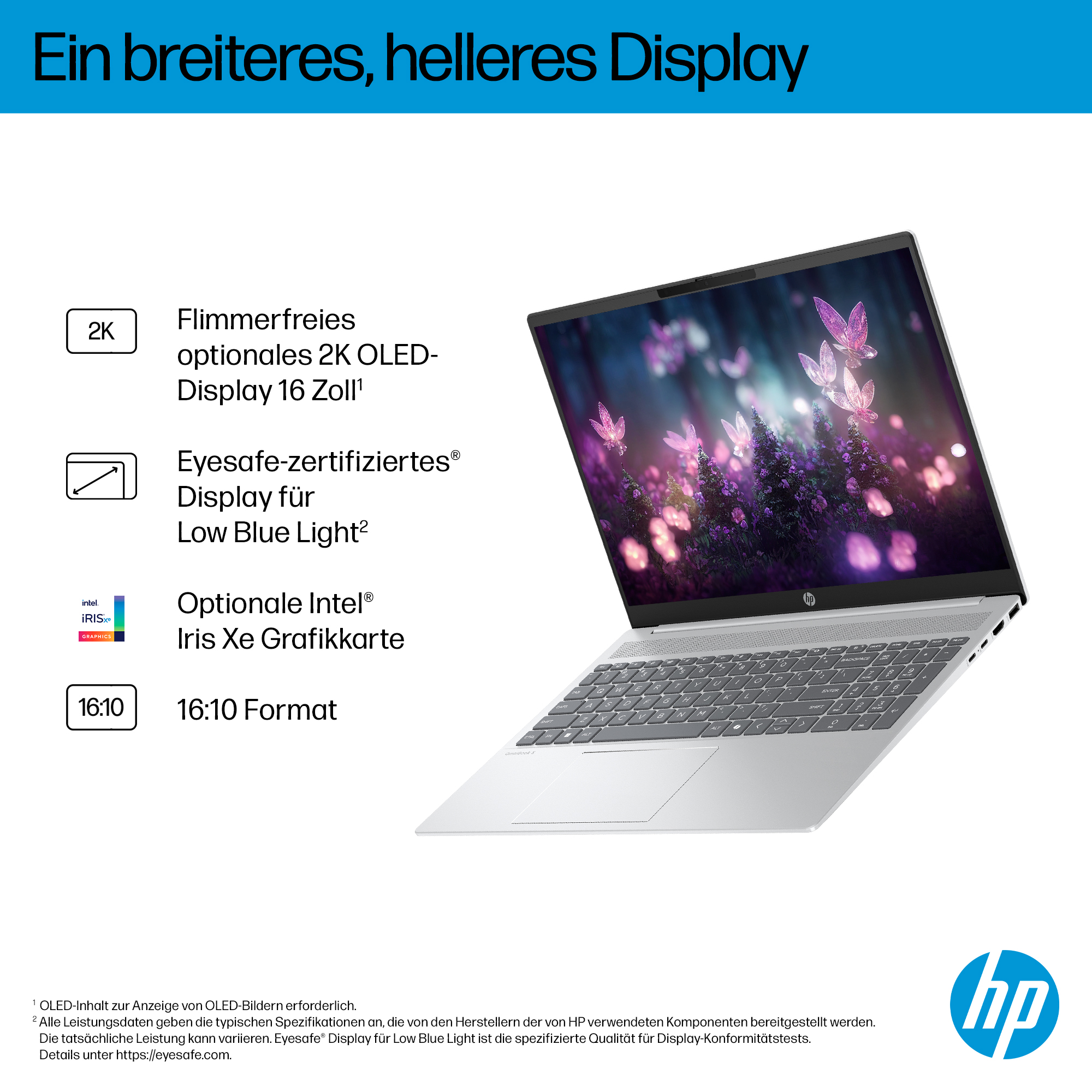 Ein silberner Laptop mit einem Schmetterlingsbildschirm. Text zeigt 2K-Display, Eyesafe, Intel Iris Xe und 16:10 Format.