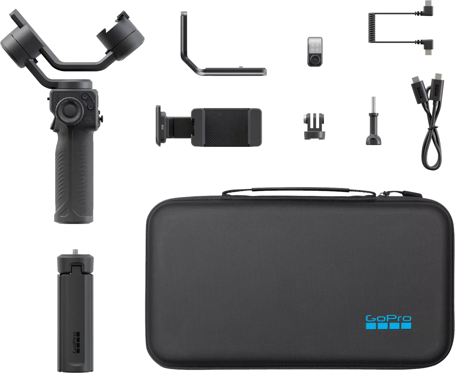 Ein schwarzes GoPro-Kit mit Gimbal, Zubehör und einer Tragetasche. Die Tasche hat das GoPro-Logo.