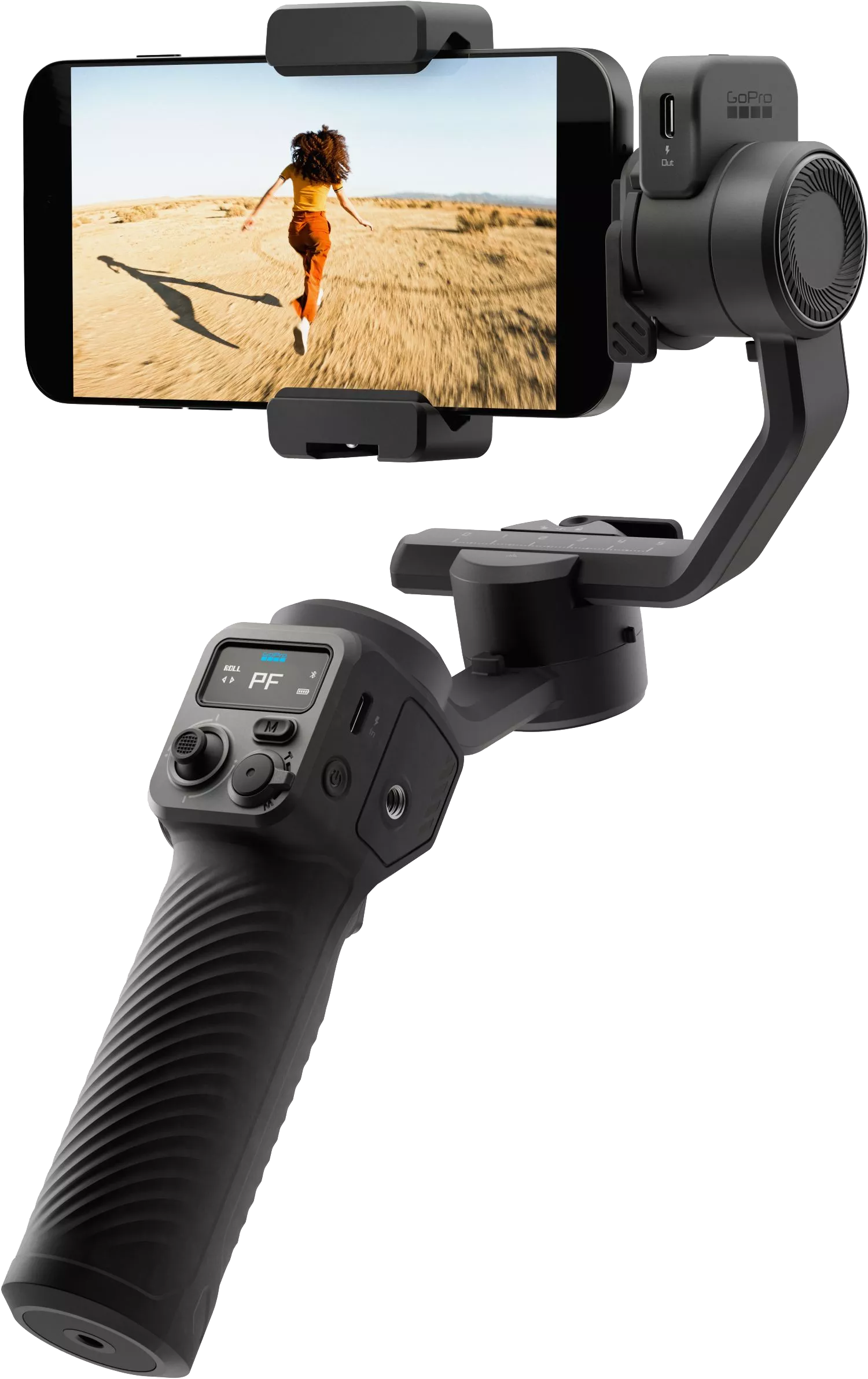 Schwarzer Gimbal mit Telefon, das eine Person zeigt, die auf einem sandigen Weg rennt. GoPro-Logo sichtbar.