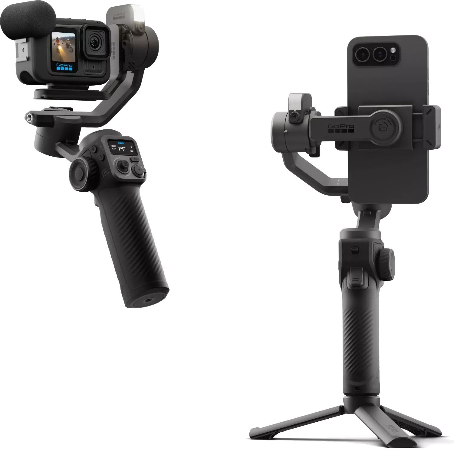 Zwei schwarze Gimbals. Einer hält eine GoPro-Kamera, der andere ein Telefon. Beide haben Griffe und stehen auf weißem Grund.