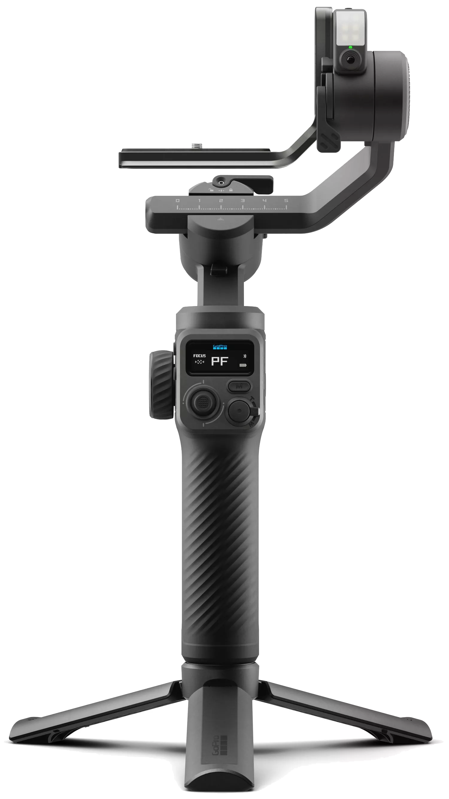Ein schwarzer GoPro-Kamerastabilisator mit Telefonhalterung, Bildschirm und Stativfuß vor weißem Hintergrund.