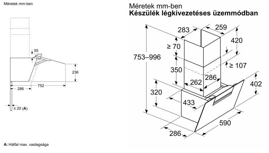 Műszaki rajz, konyhai páraelszívó méreteivel mm-ben. Tartalmazza a magasságot, szélességet és egyéb fontos méreteket.