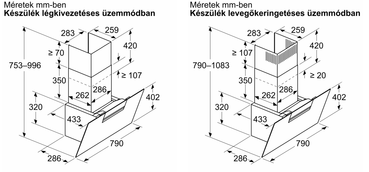 Diagramok egy konyhai páraelszívó méreteiről két üzemmódban: légkivezetéses és légkeringetéses, mm-ben megadva.