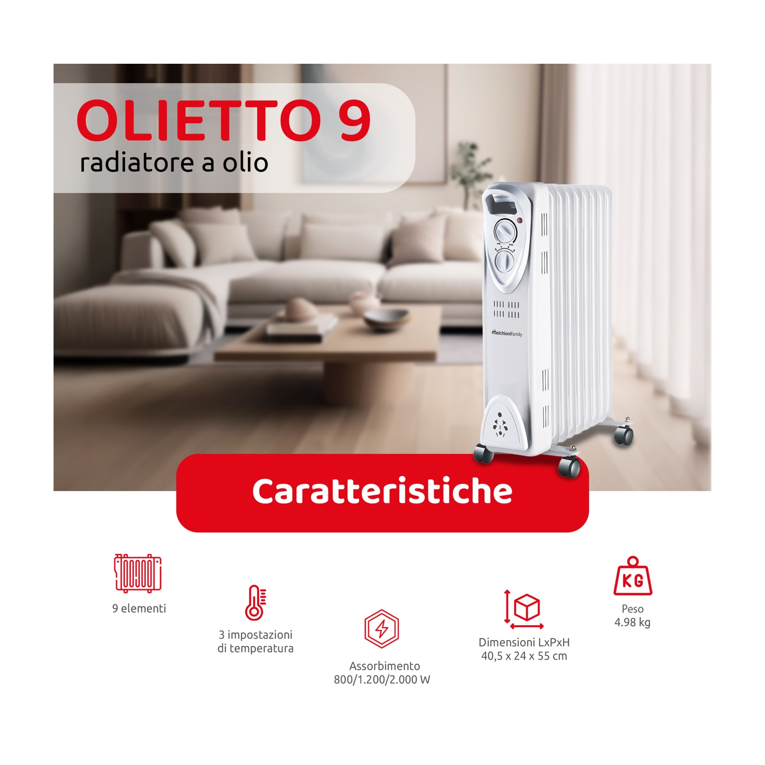 Un radiatore a olio con controlli. Il testo dice 'OLIETTO 9'. Caratteristiche: 9 elementi, 3 impostazioni temperatura, dimensioni e consumo.