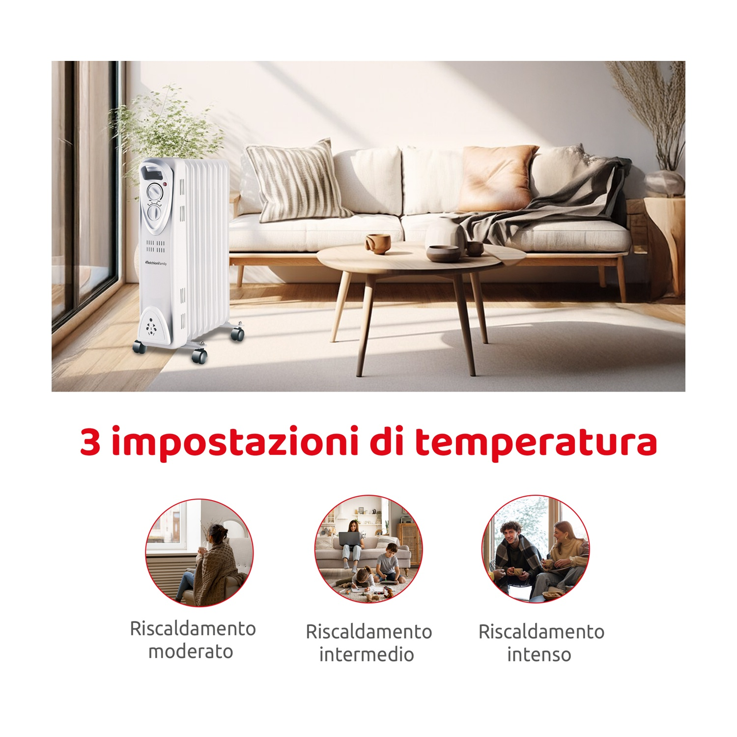 Un termoventilatore elettrico in un salotto. Vengono mostrate tre impostazioni di temperatura con immagini correlate.