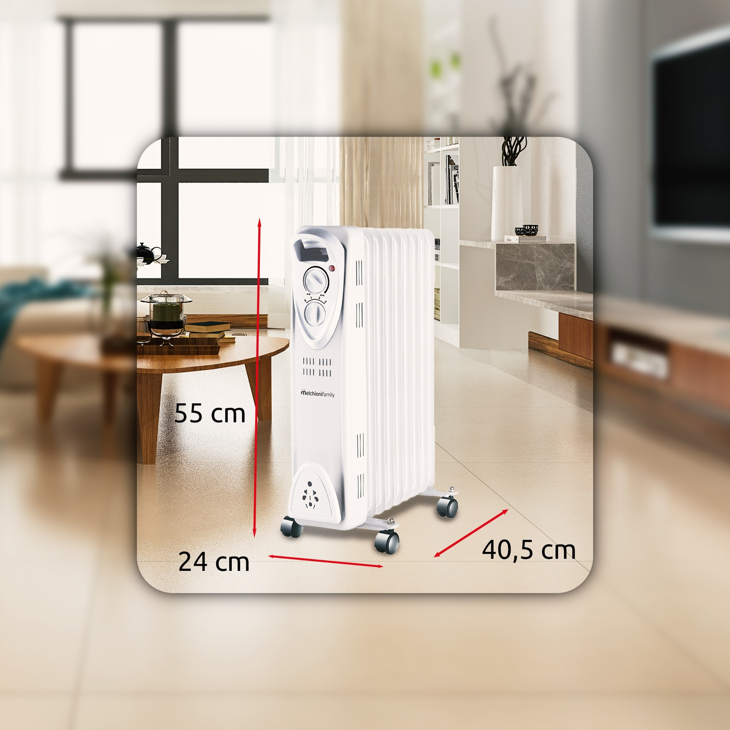 Un radiatore bianco con ruote in una stanza. Dimensioni: 55 cm altezza, 24 cm larghezza e 40,5 cm profondità. Sfondo: mobili.
