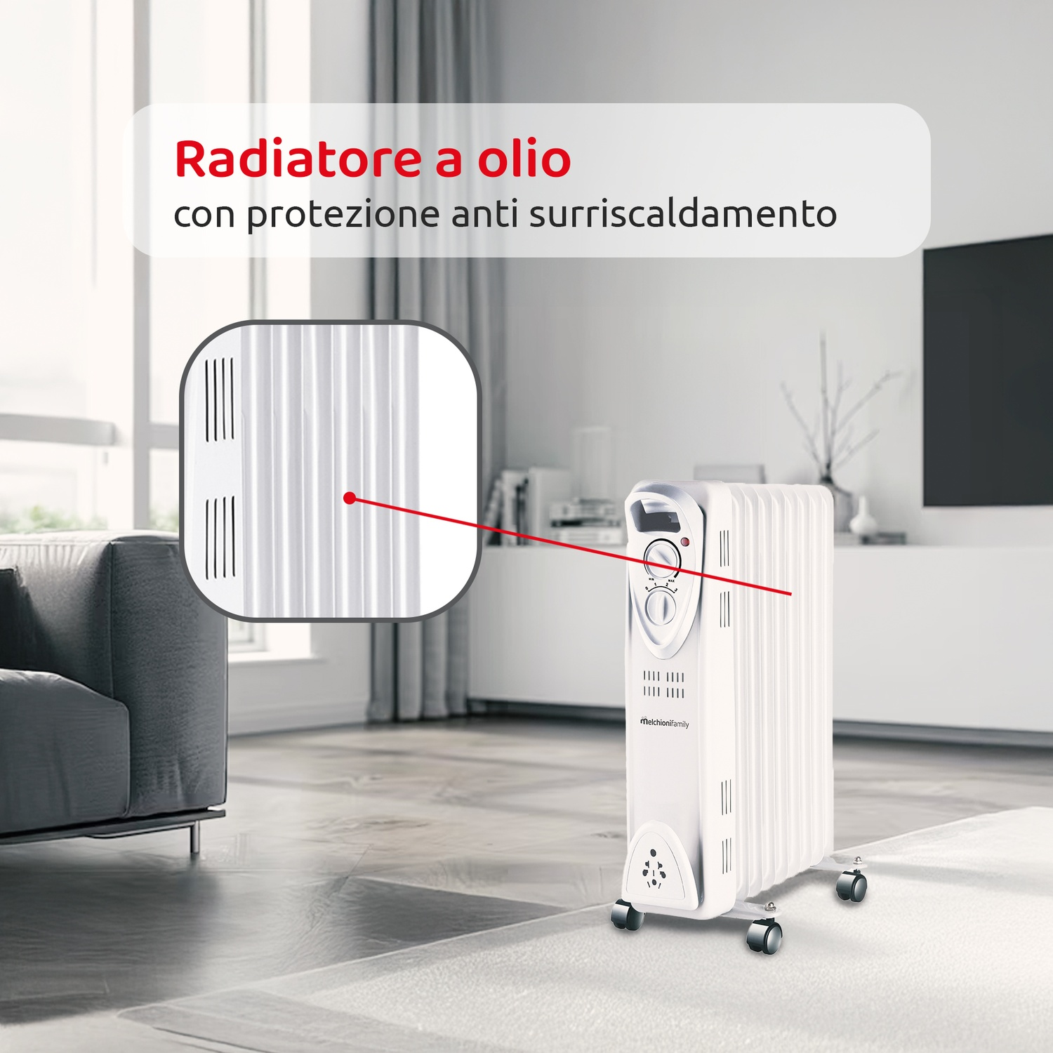 Un radiatore a olio bianco con pannello di controllo in soggiorno. Testo: 'Radiatore a olio' e 'con protezione anti surriscaldamento'.