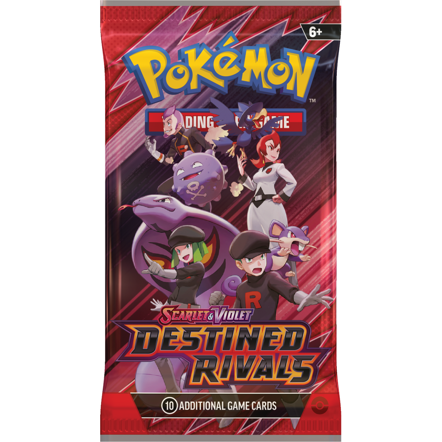 A Pokemon card pack with characters, logos and text. It's red and features the Pokemon logo and 'Destined Rivals' text.