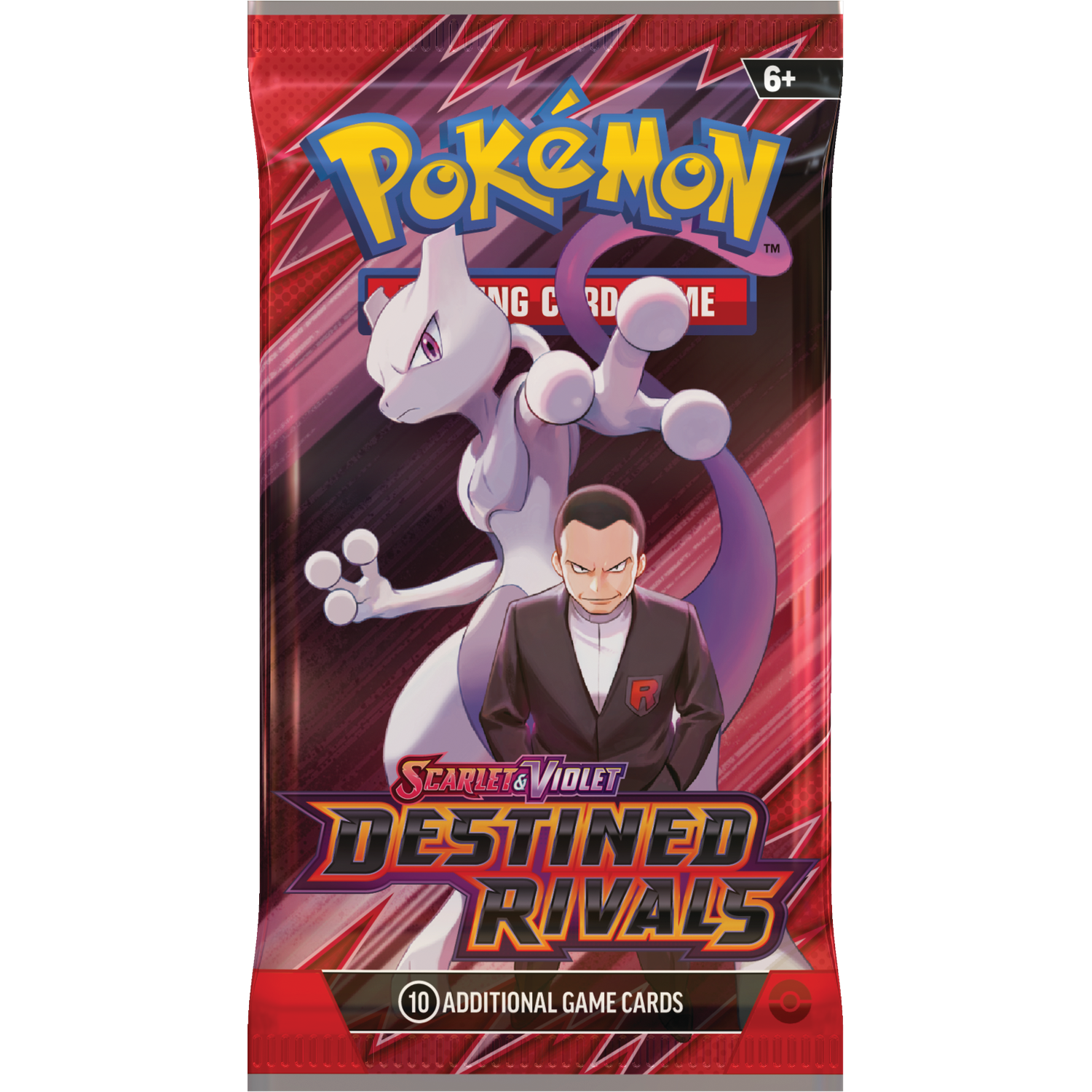 A Pokemon card pack with Mewtwo and a man in a suit. The pack is red with the words 'Destined Rivals'.