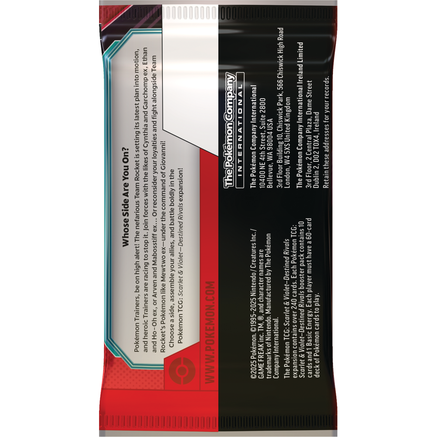 A Pokémon card pack with text about the game, red and white color scheme.