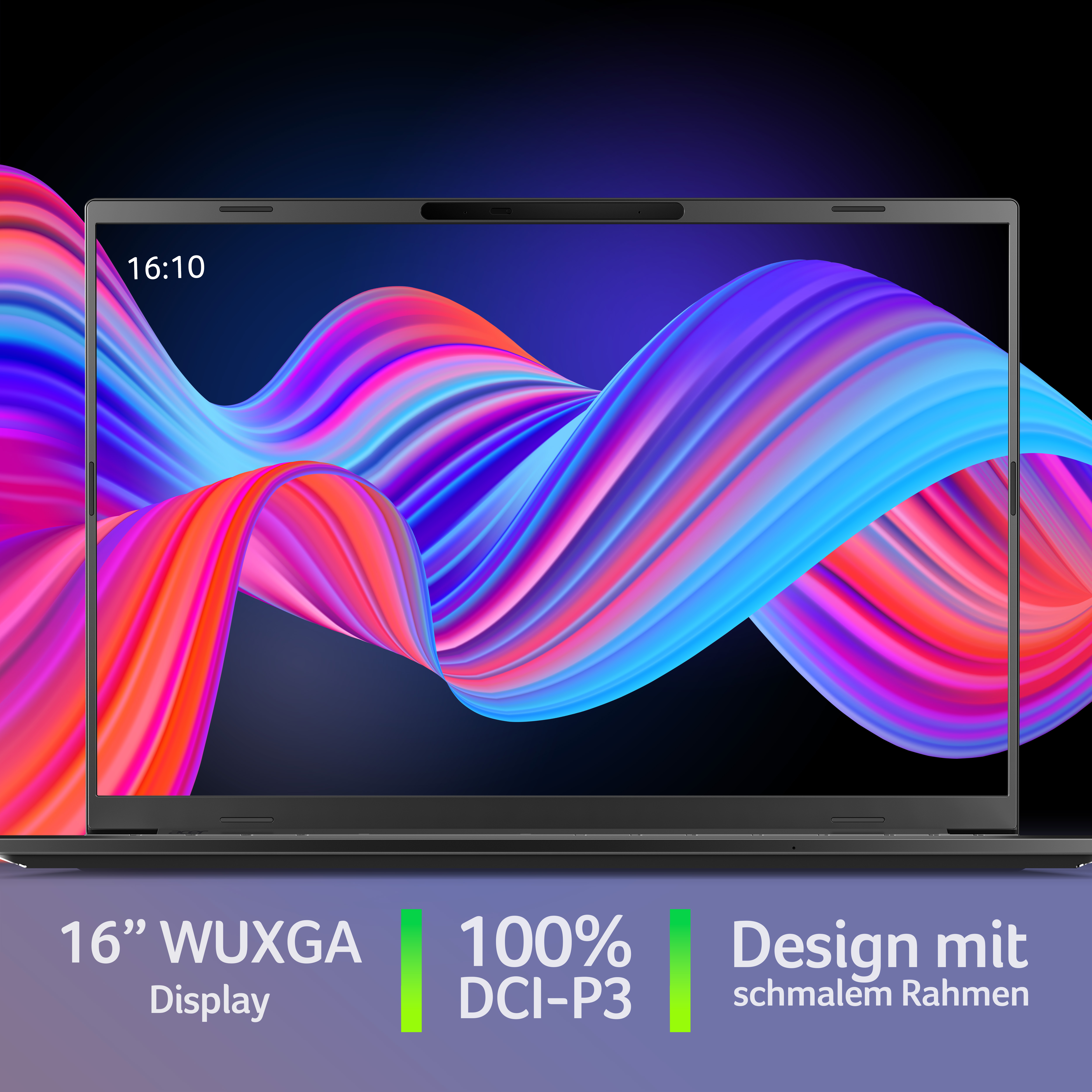 Ein Laptop mit farbenfrohem, abstraktem Hintergrund. Text enthält Display- und Designmerkmale.