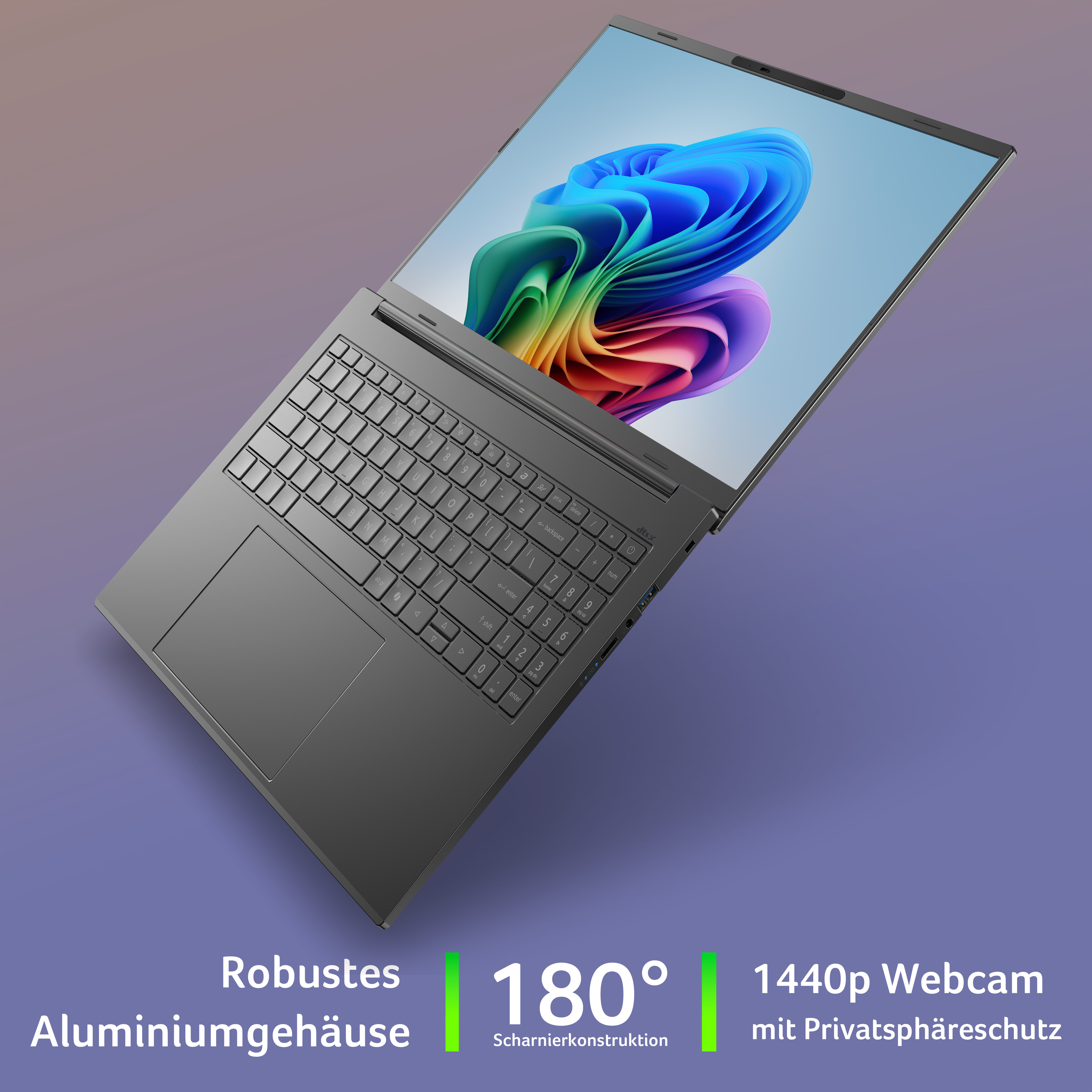 Ein grauer Laptop ist geöffnet und zeigt ein farbenfrohes, abstraktes Hintergrundbild. Text: Robustes Aluminium, 180-Grad-Scharnier, 1440p Webcam.