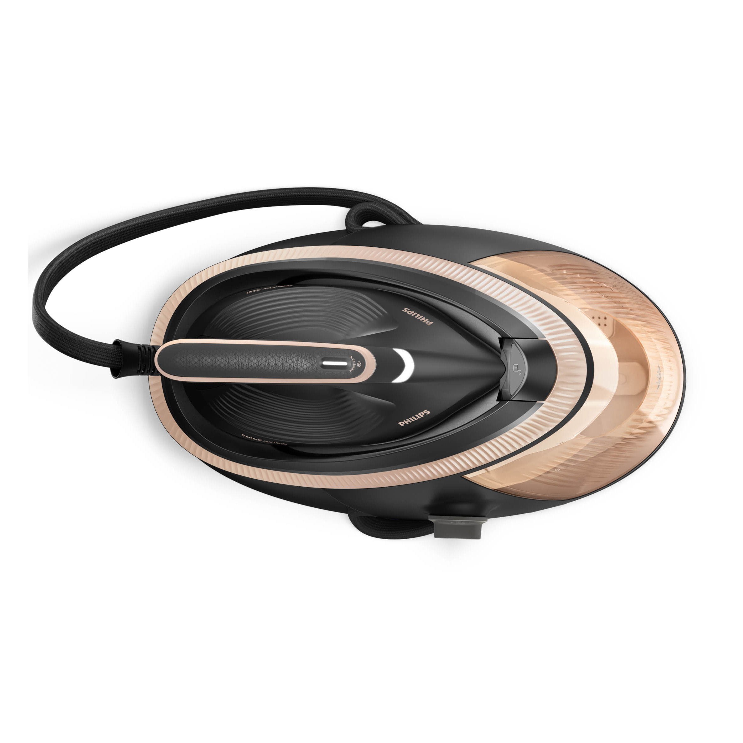 Czarno-złote żelazko parowe Philips PerfectCare. Czarny wąż zakręca wokół żelazka.