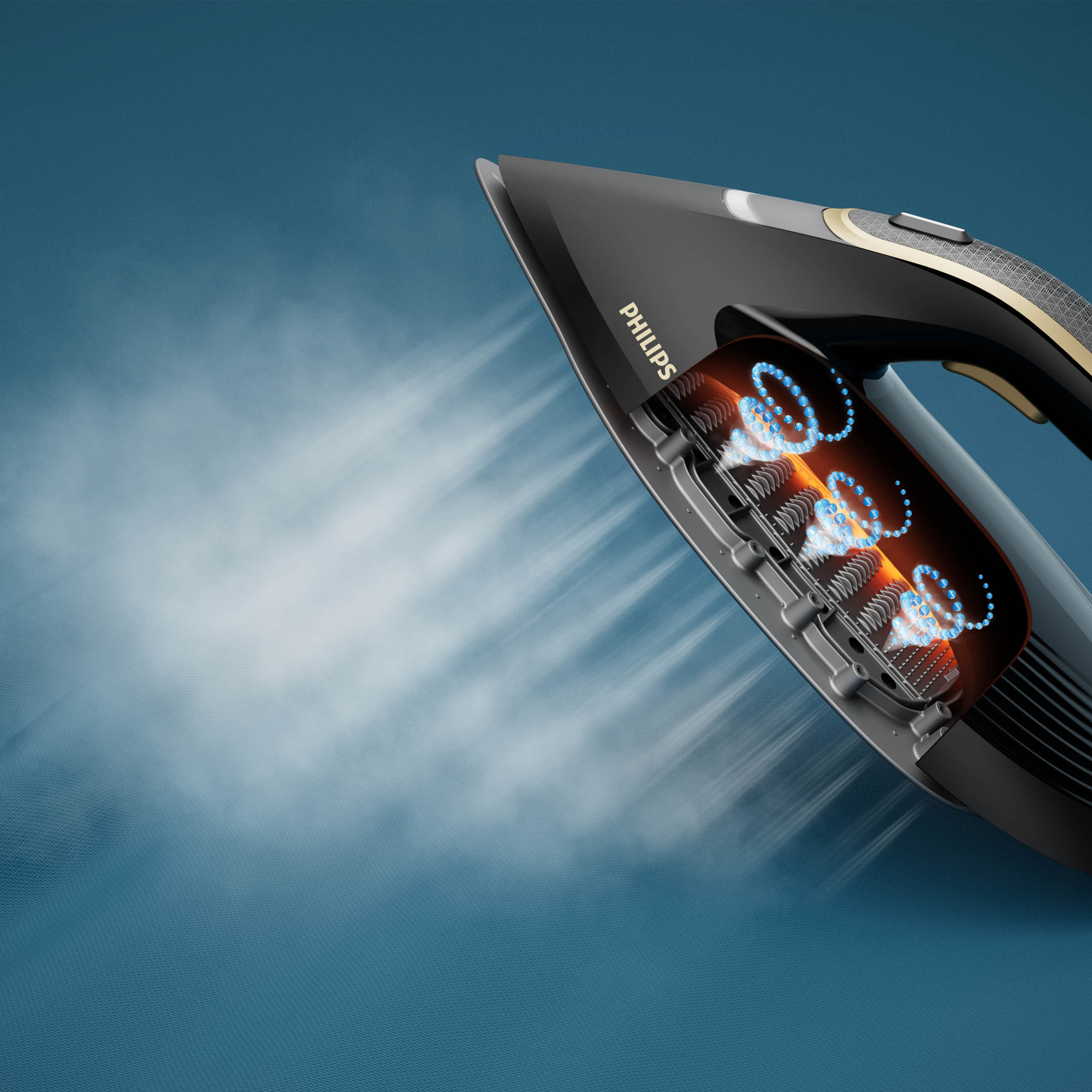 Czarne żelazko Philips z parą, pokazujące elementy wewnętrzne. Biała para wydobywa się z żelazka na niebieskim tle.