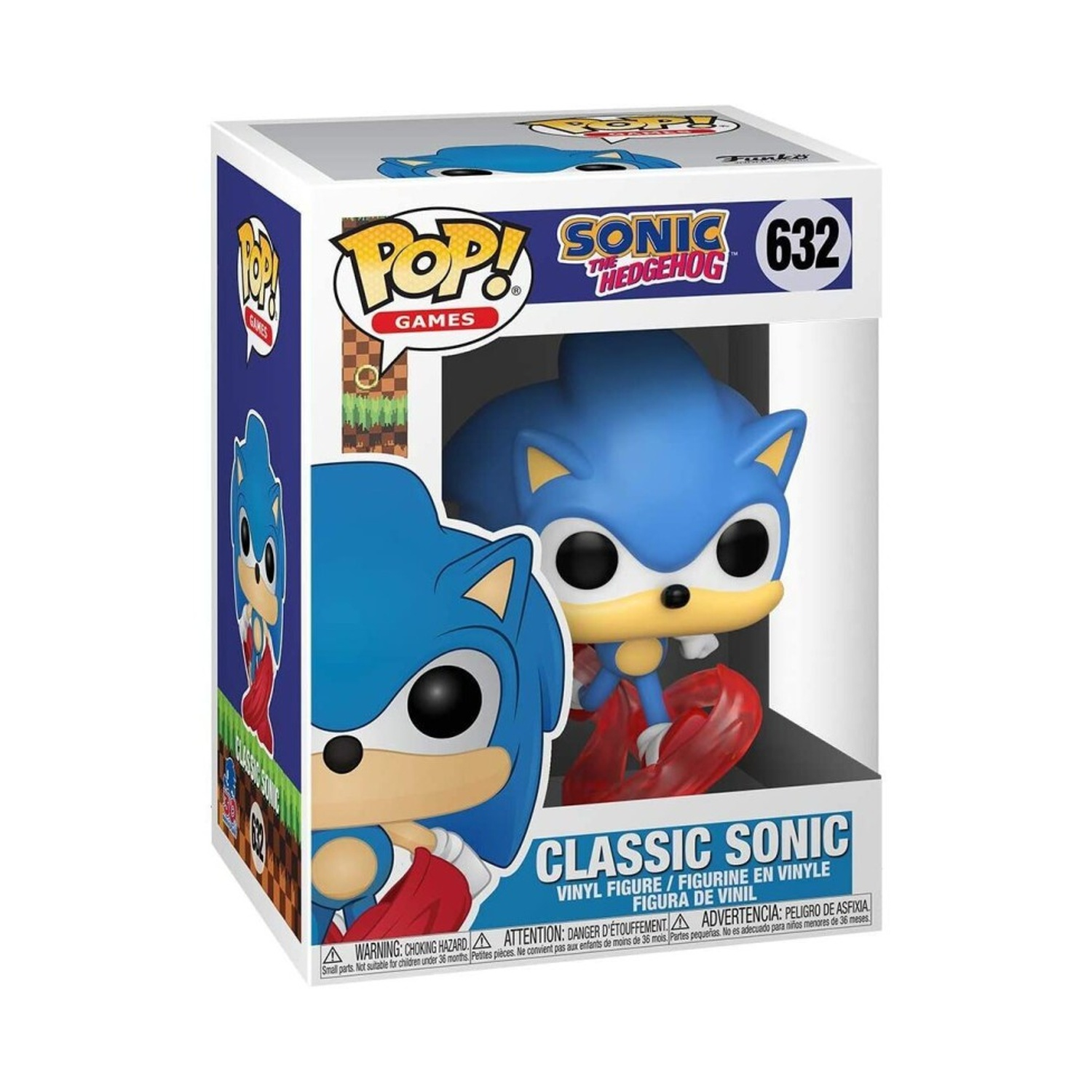 Una scatola Funko Pop con Sonic the Hedgehog. Mostra una statuina blu di un riccio su una piattaforma rossa. La scatola ha i loghi Pop e Sonic.