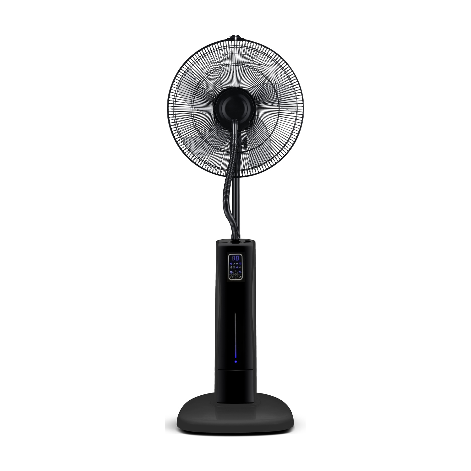 Un ventilatore nebulizzatore nero su sfondo bianco. Ha una base rotonda, una colonna alta e una testa con display.