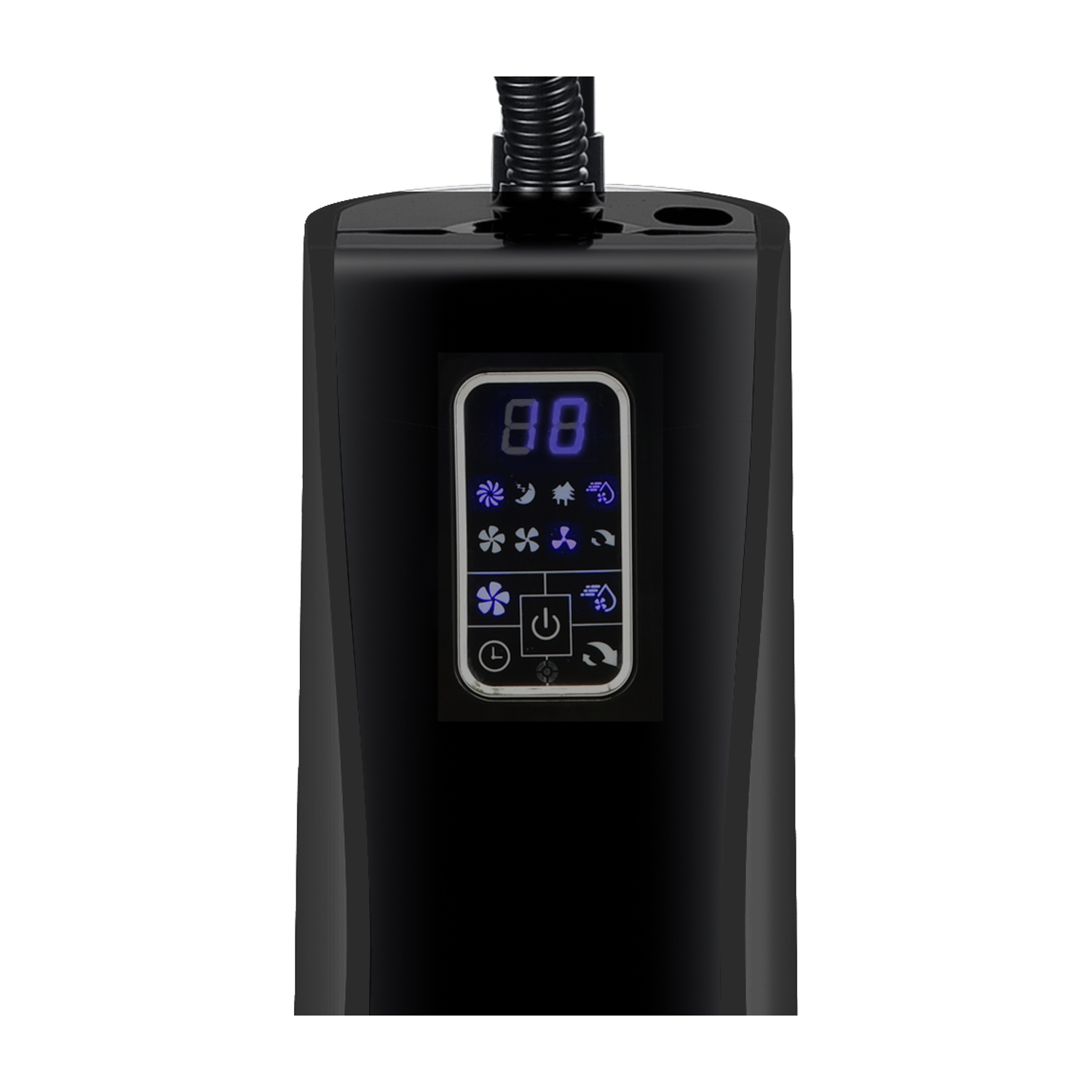 Un ventilatore nero con display digitale '88'. Il display ha icone per velocità e impostazioni della ventola.