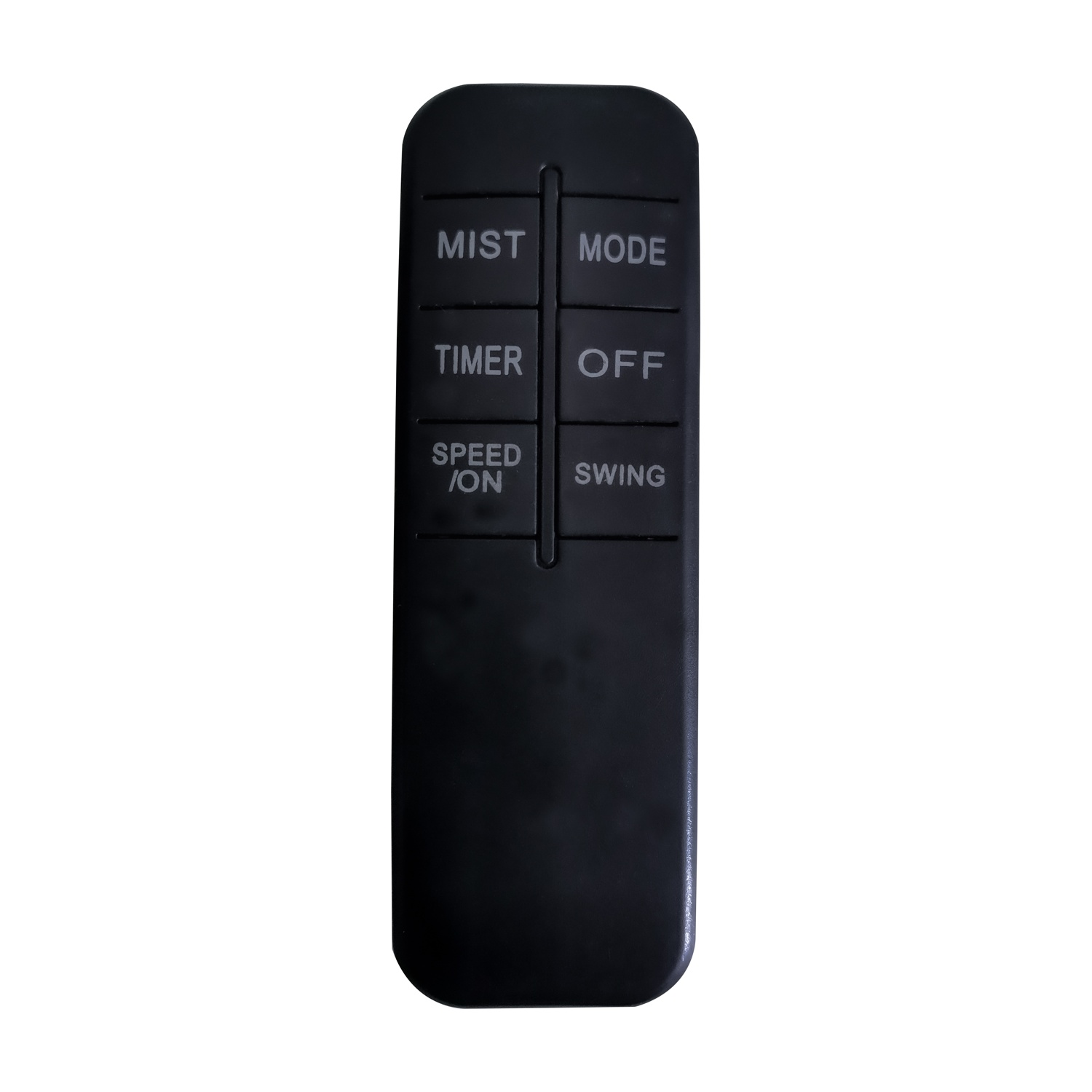 Un telecomando nero con i pulsanti MIST, MODE, TIMER, OFF, SPEED/ON e SWING. Isolato su sfondo bianco.