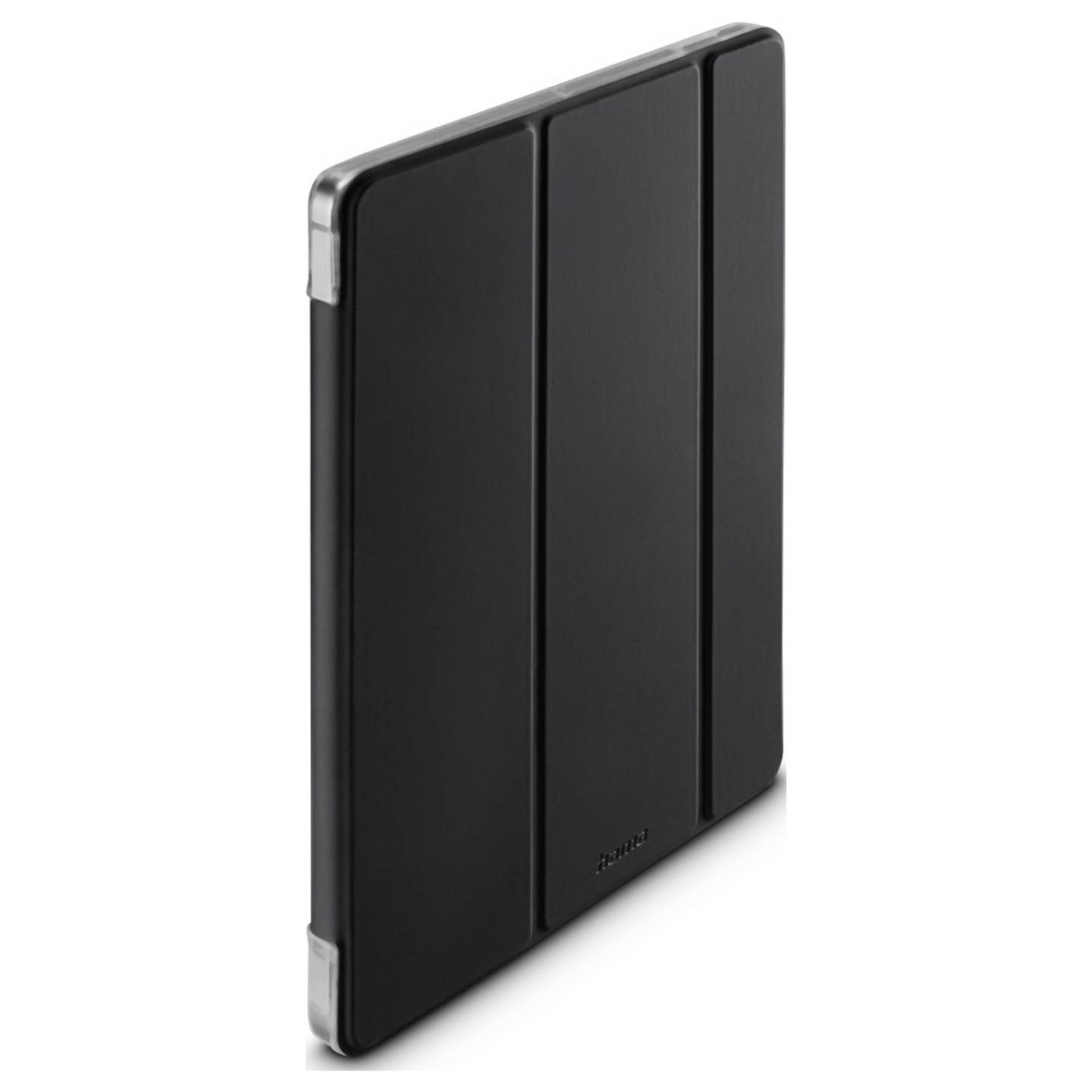Eine schwarze Tablet-Hülle mit gefaltetem Deckel. Die Hülle ist rechteckig mit abgerundeten Ecken und einem silbernen Rahmen, vor weißem Hintergrund.