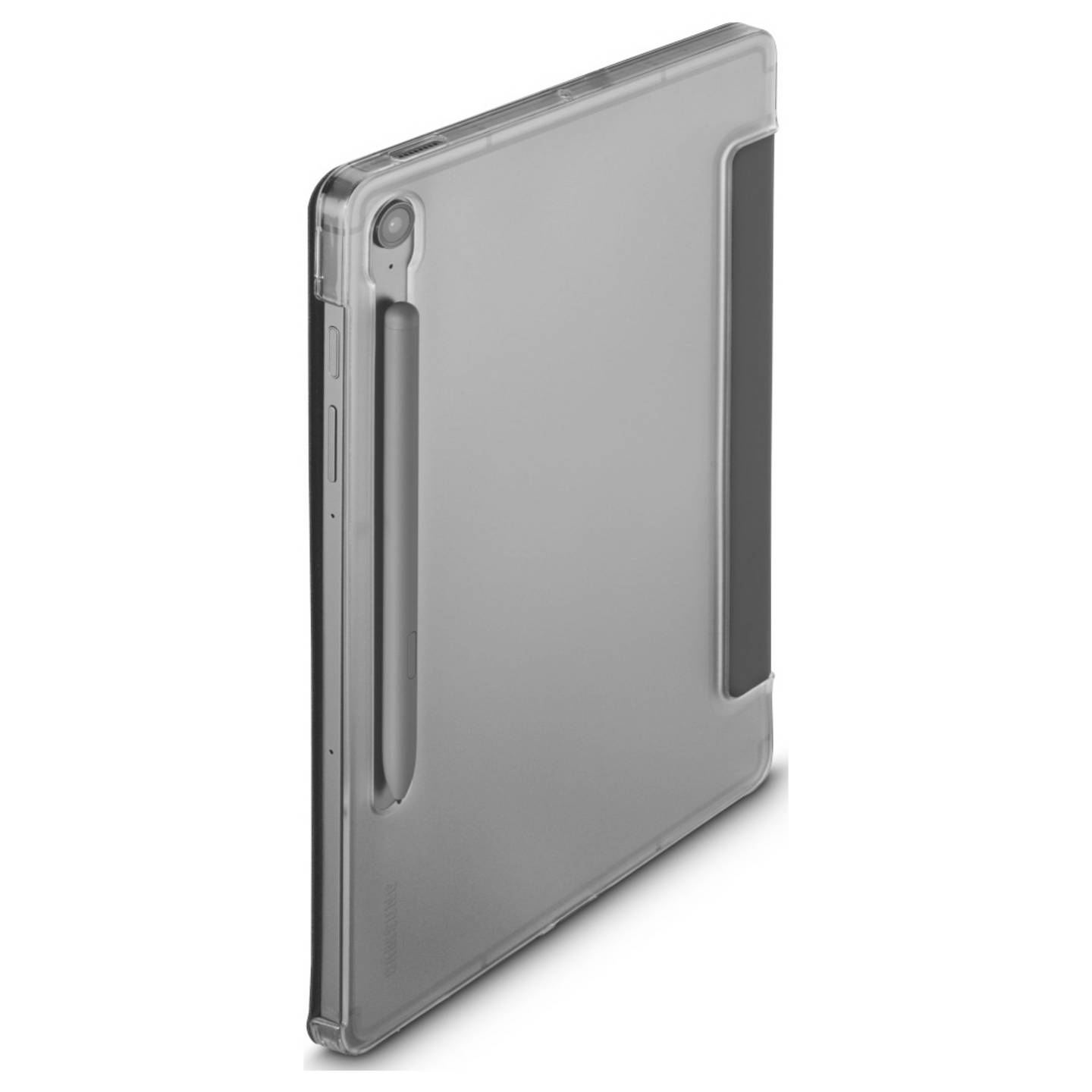 Ein Tablet mit transparentem Gehäuse und Stift. Das Gehäuse hat einen dunkelgrauen Abschnitt. Der Hintergrund ist weiß.