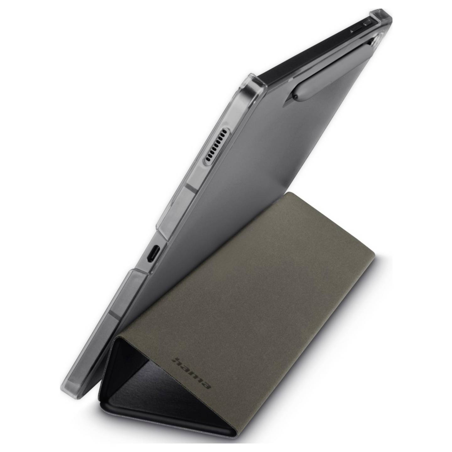 Tablet in grauem Gehäuse, geöffnet, auf einer graugrünen Hülle. Die Marke 'hama' ist auf der Hülle zu sehen.