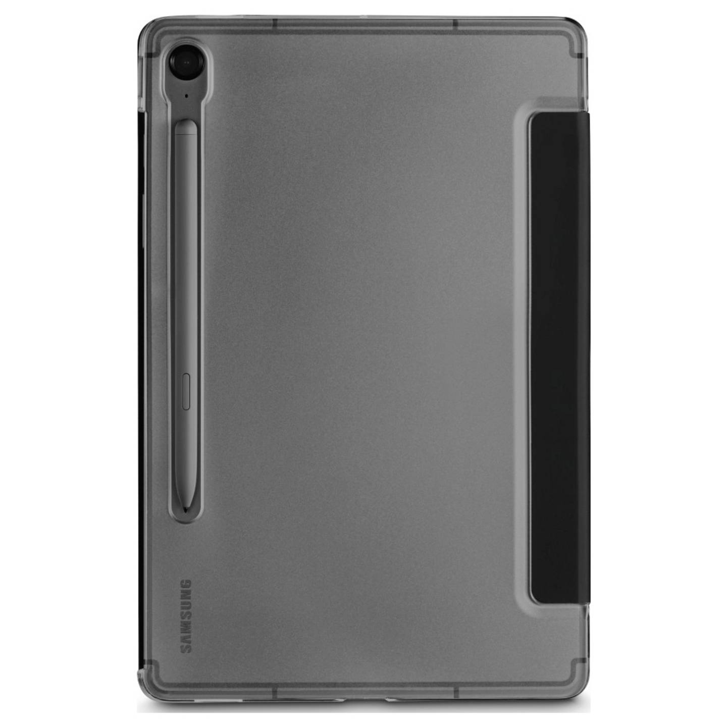 Eine graue Tablethülle mit einem Stift auf der linken Seite. Sie hat eine schwarze Abdeckung auf der rechten Seite. Das Samsung-Logo ist sichtbar.