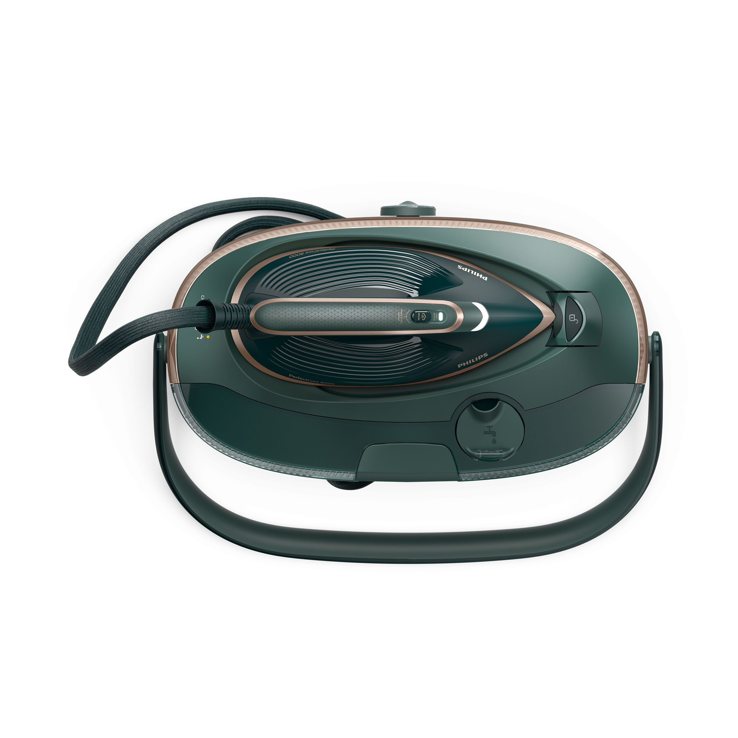 Widok z góry na zielono-złote żelazko parowe Philips PerfectCare 8000 na białym tle.