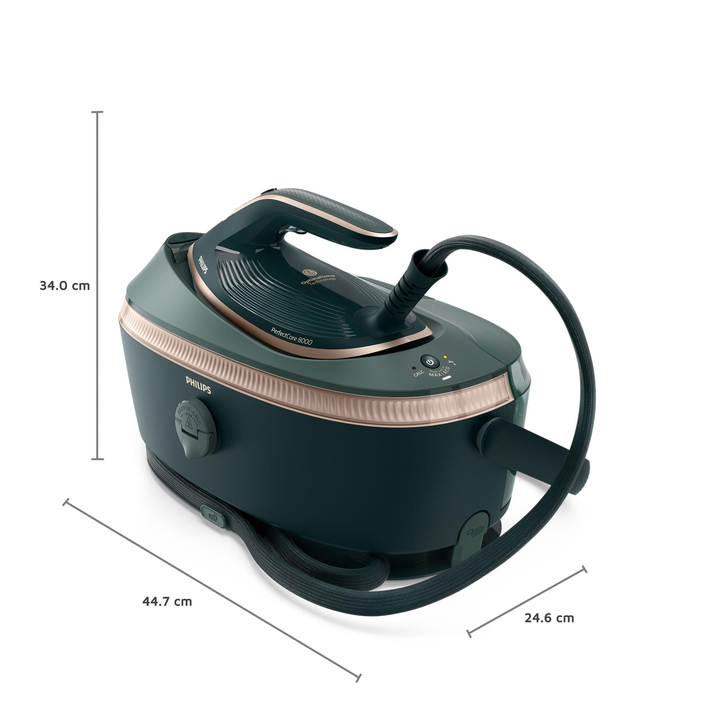 Zielone i brązowe żelazko Philips PerfectCare 8000, z wężem i wymiarami na białym tle.