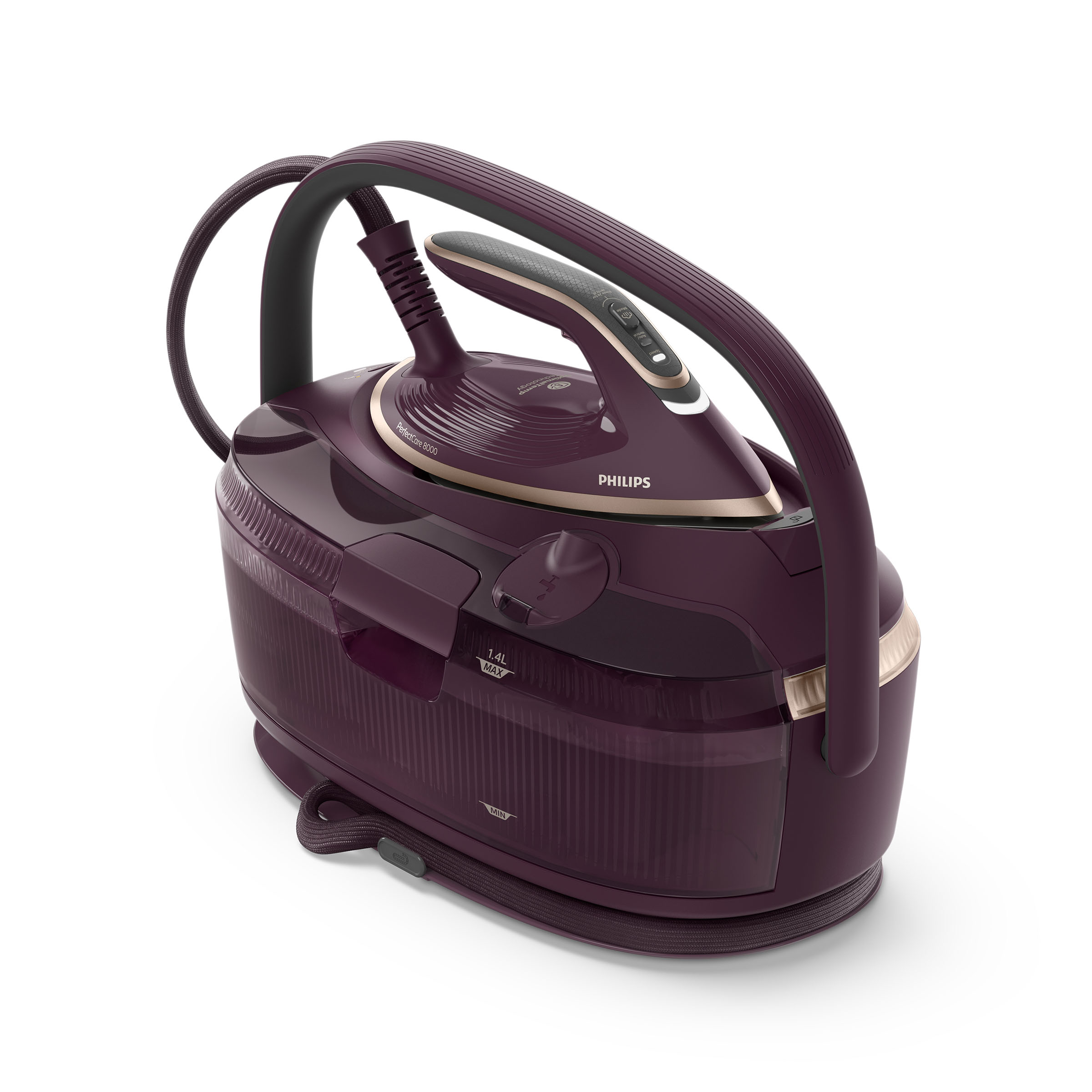 Ciemnofioletowe żelazko parowe Philips. Ma uchwyt, zbiornik na wodę i podstawę. Tło jest białe.