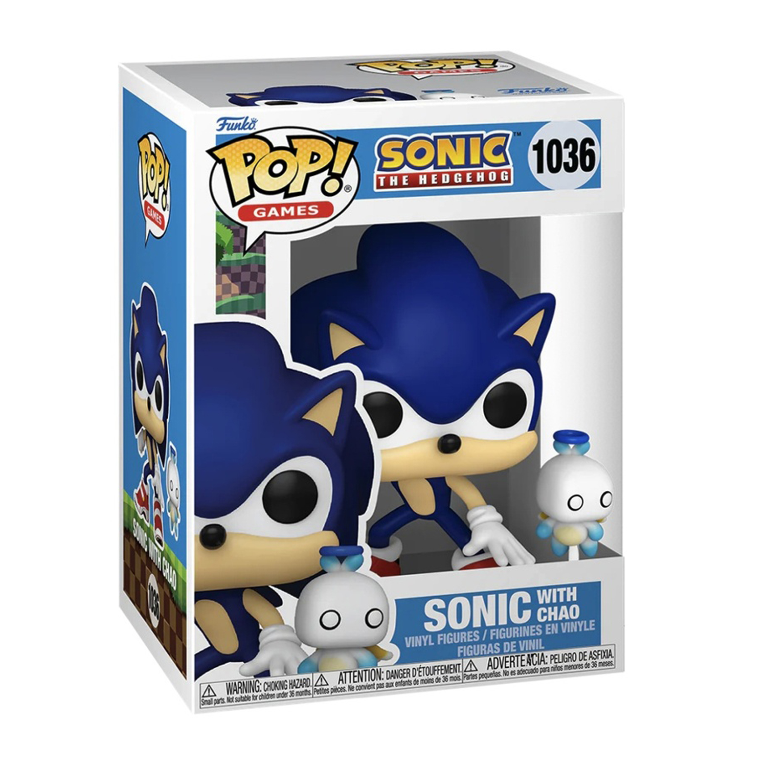 Una scatola Funko Pop di Sonic the Hedgehog con Chao. La scatola è blu e bianca, con un'immagine di Sonic e Chao all'interno.
