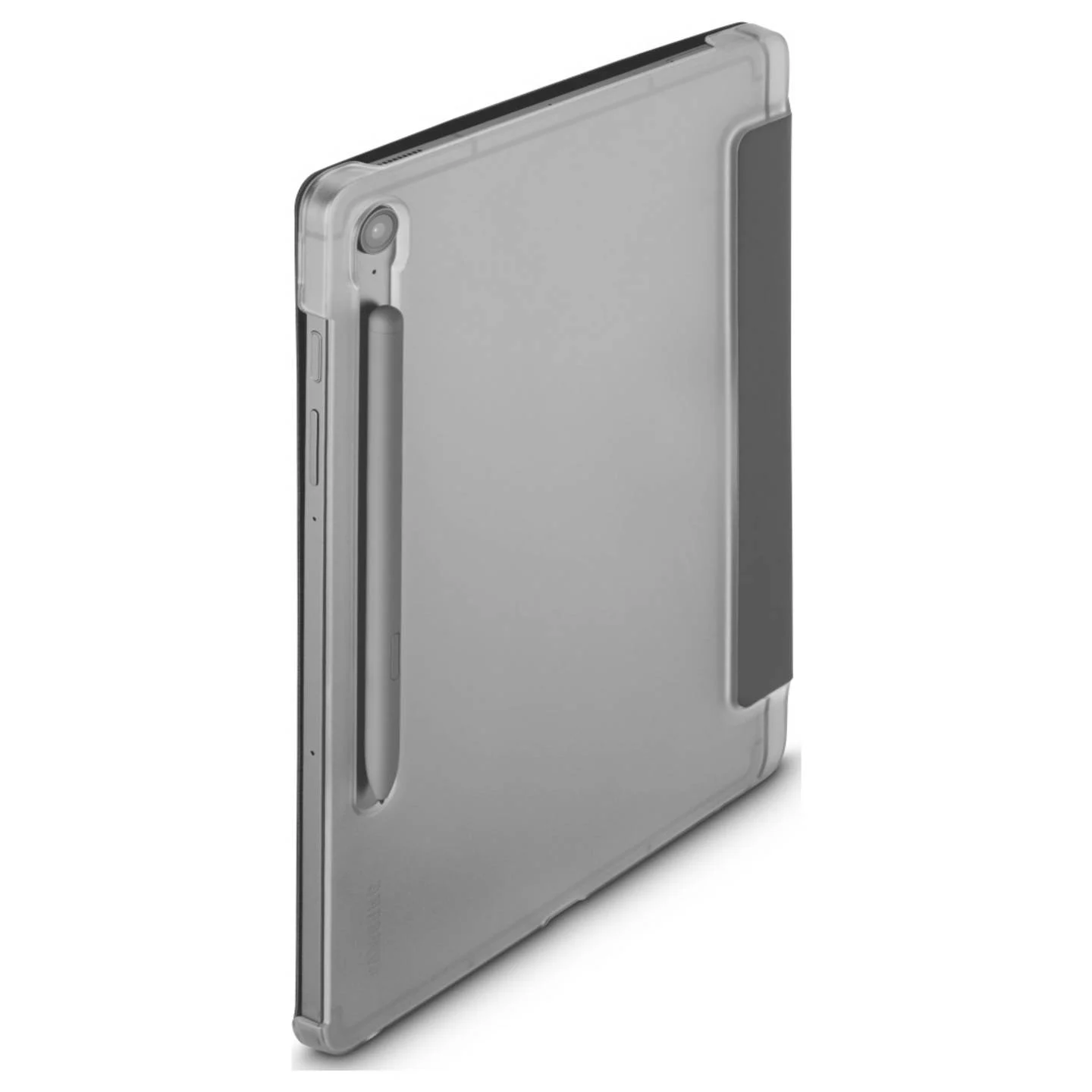 Tablet in einer durchsichtigen Hülle mit Stift. Die Hülle hat eine graue Abdeckung. Der Hintergrund ist weiß.