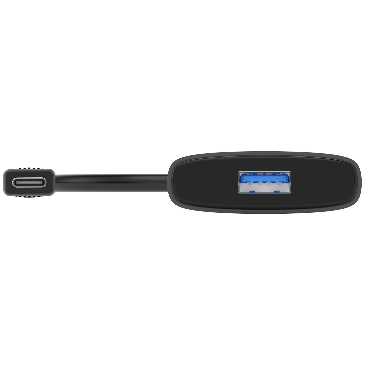 A black USB hub with a USB-C connector on the left and a USB-A port on the right. The background is white.