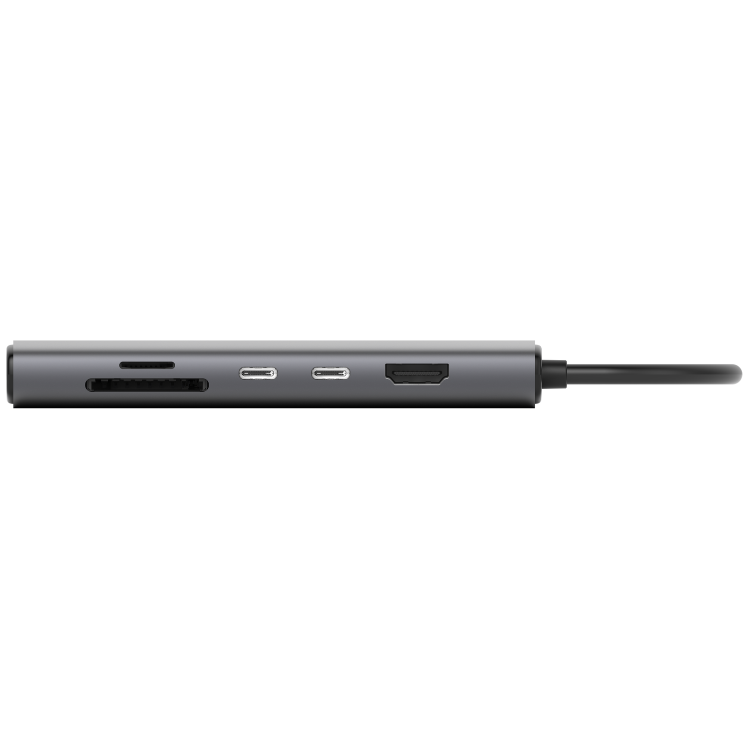 A gray USB-C hub with multiple ports: SD card reader, USB-C ports, and HDMI. A black cable extends from the hub.