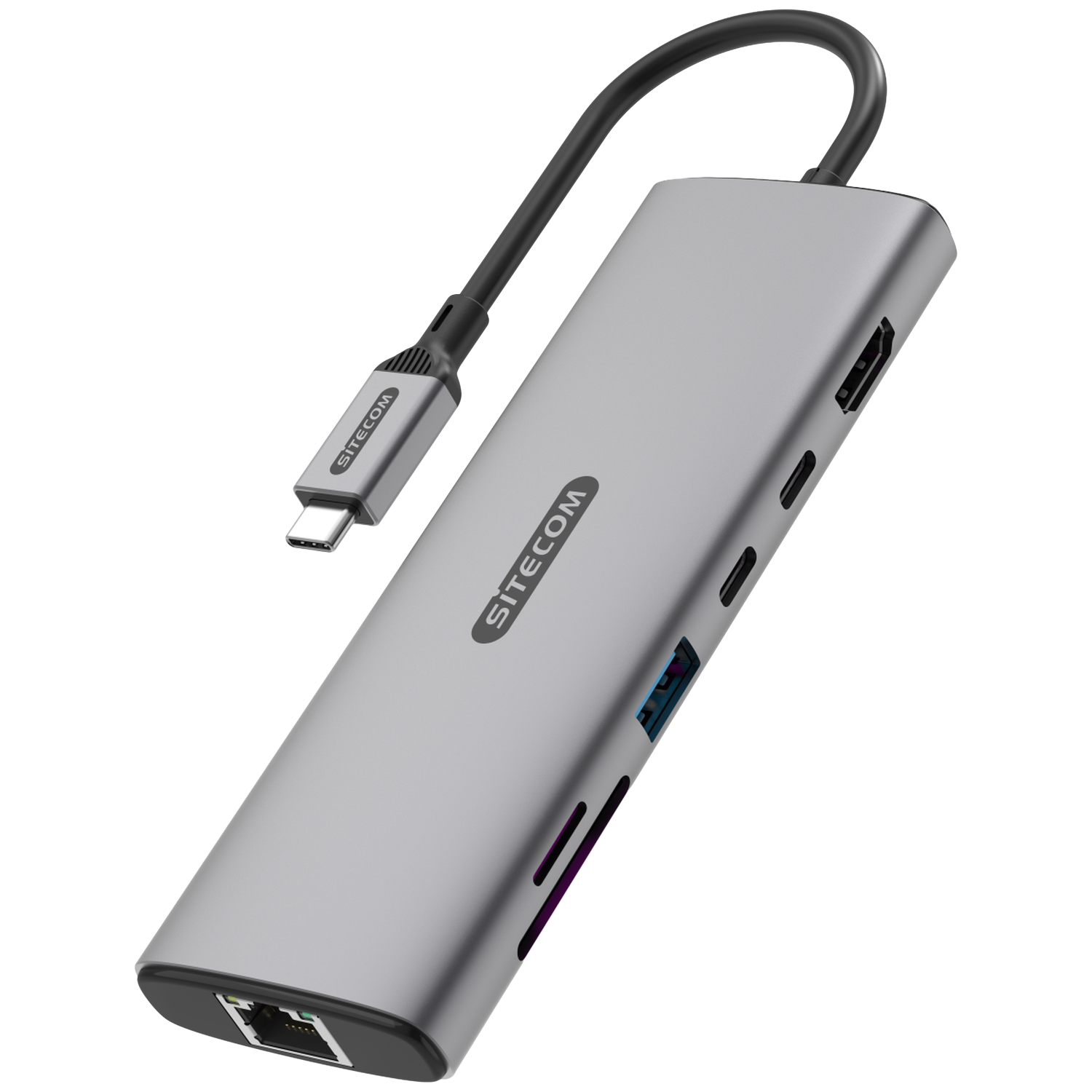 Een zilveren SITECOM USB-C hub met meerdere poorten en een zwarte kabel, op een witte achtergrond. Beschikt over HDMI-, USB- en Ethernet-poorten.