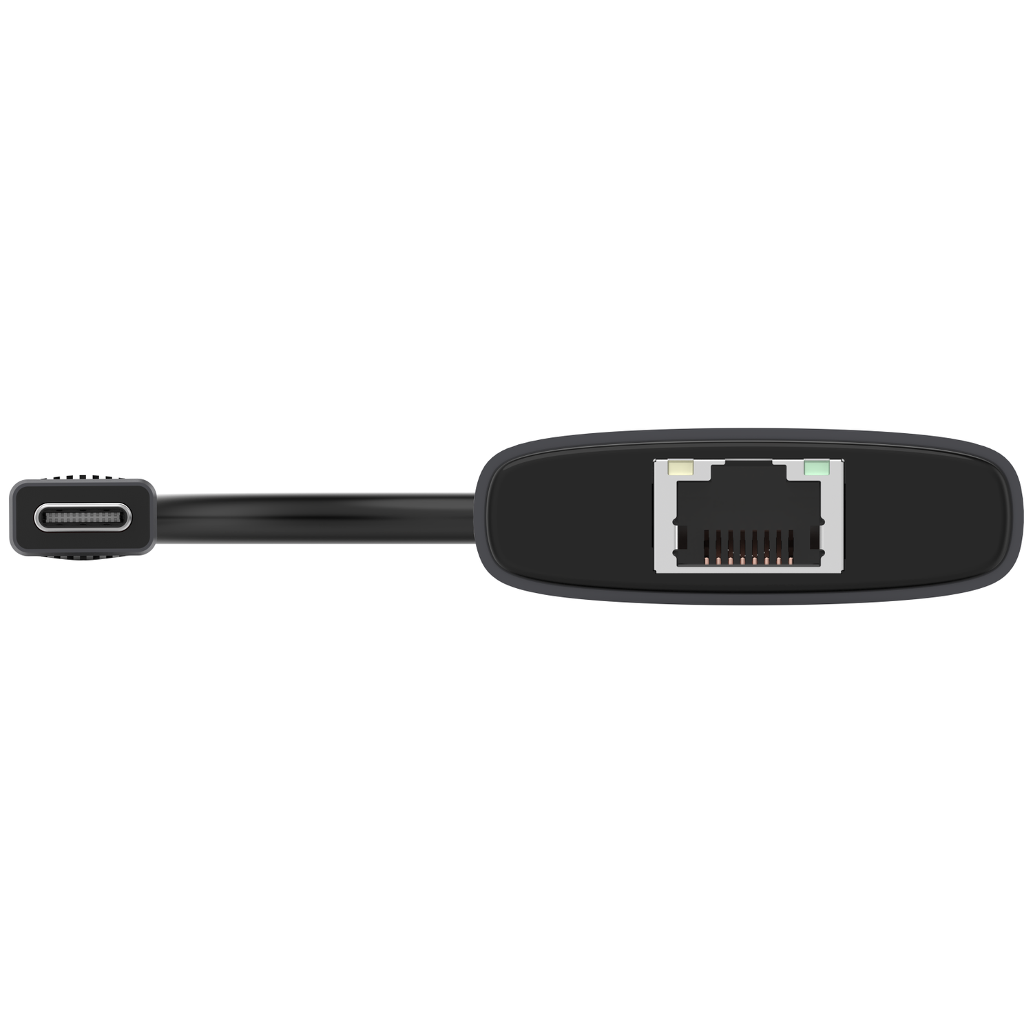 Een zwarte USB-C naar Ethernet adapter. Het heeft een USB-C connector aan één kant en een Ethernet poort aan de andere kant, met een gladde, zwarte behuizing.