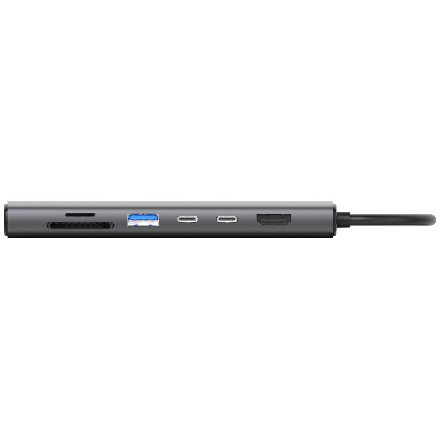 Een grijze USB-hub met meerdere poorten, waaronder USB, HDMI en kaartlezers, met een zwarte kabel naar rechts.