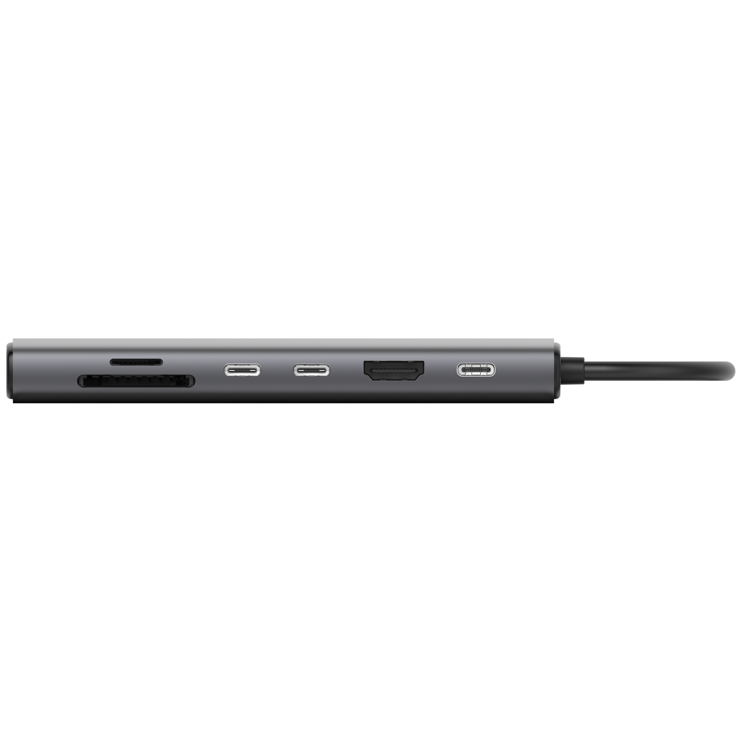 A gray USB-C hub with multiple ports including HDMI, USB-C, and card reader, with a black cable extending to the right.