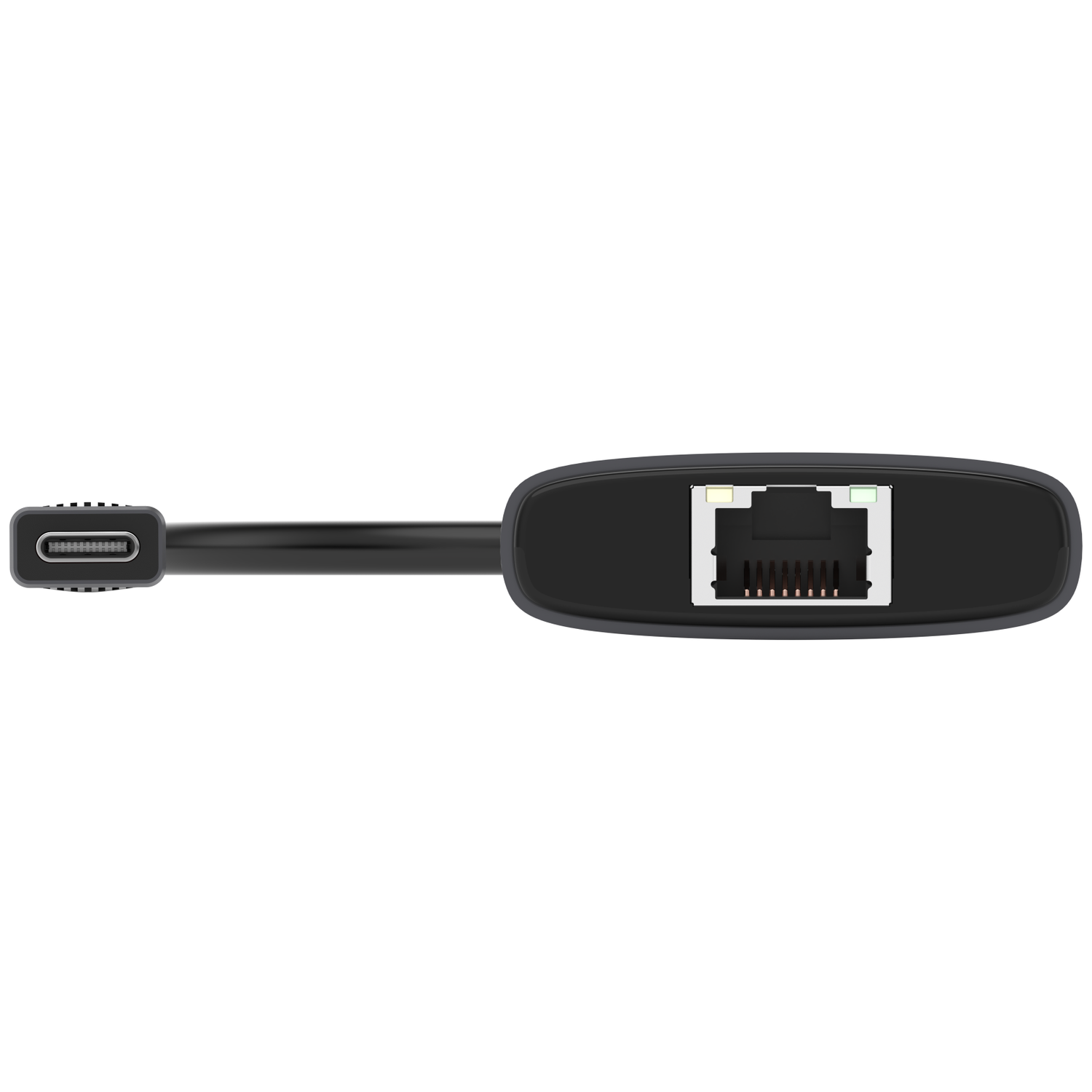 A black USB-C to Ethernet adapter. It has a USB-C connector on one end and an Ethernet port on the other end.