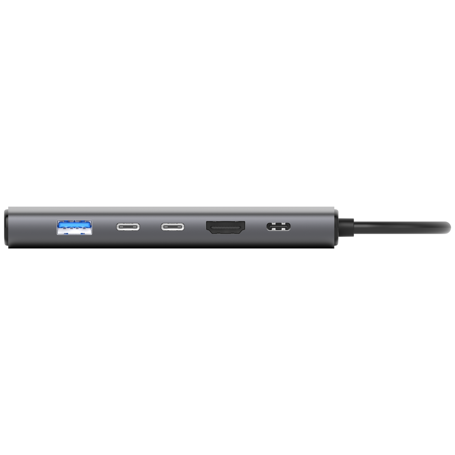 A gray USB hub with multiple ports, including USB, USB-C, HDMI, and a black cable extending to the right. White background.