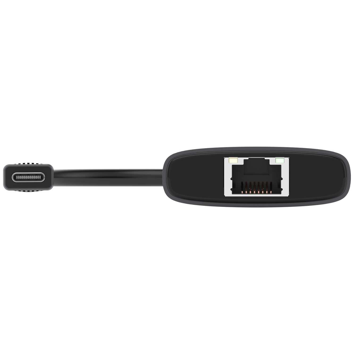 A black USB-C to Ethernet adapter. It has a USB-C connector on one end and an Ethernet port on the other.