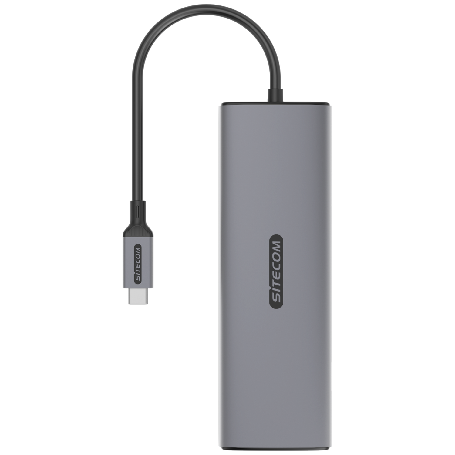 A gray Sitecom USB-C hub with a black cable. The hub is cylindrical with the Sitecom logo. A USB-C connector is at the end.