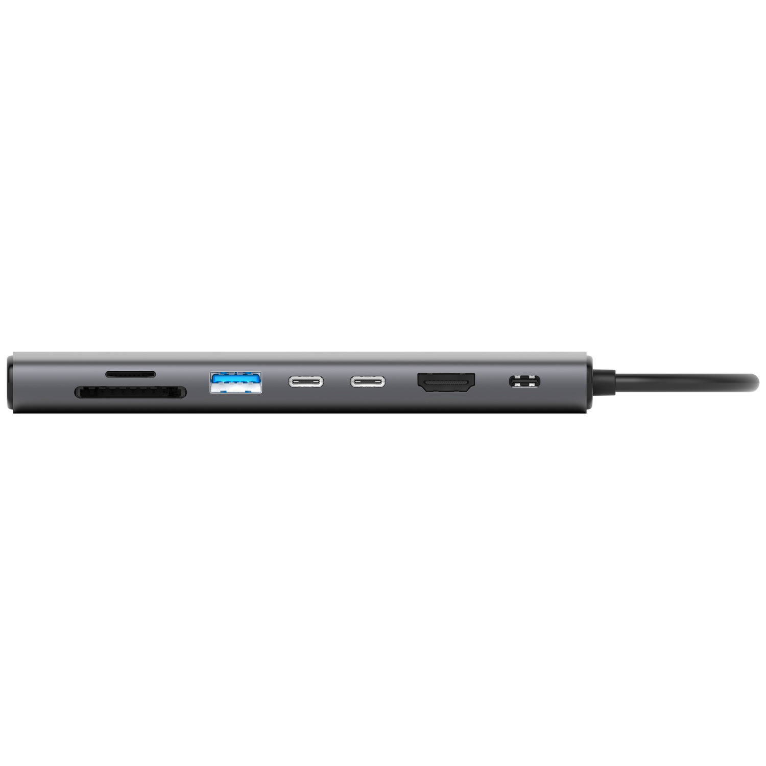 A gray USB-C hub with multiple ports: SD card, USB 3.0, two USB-C, HDMI, and another USB port. A black cable is attached.